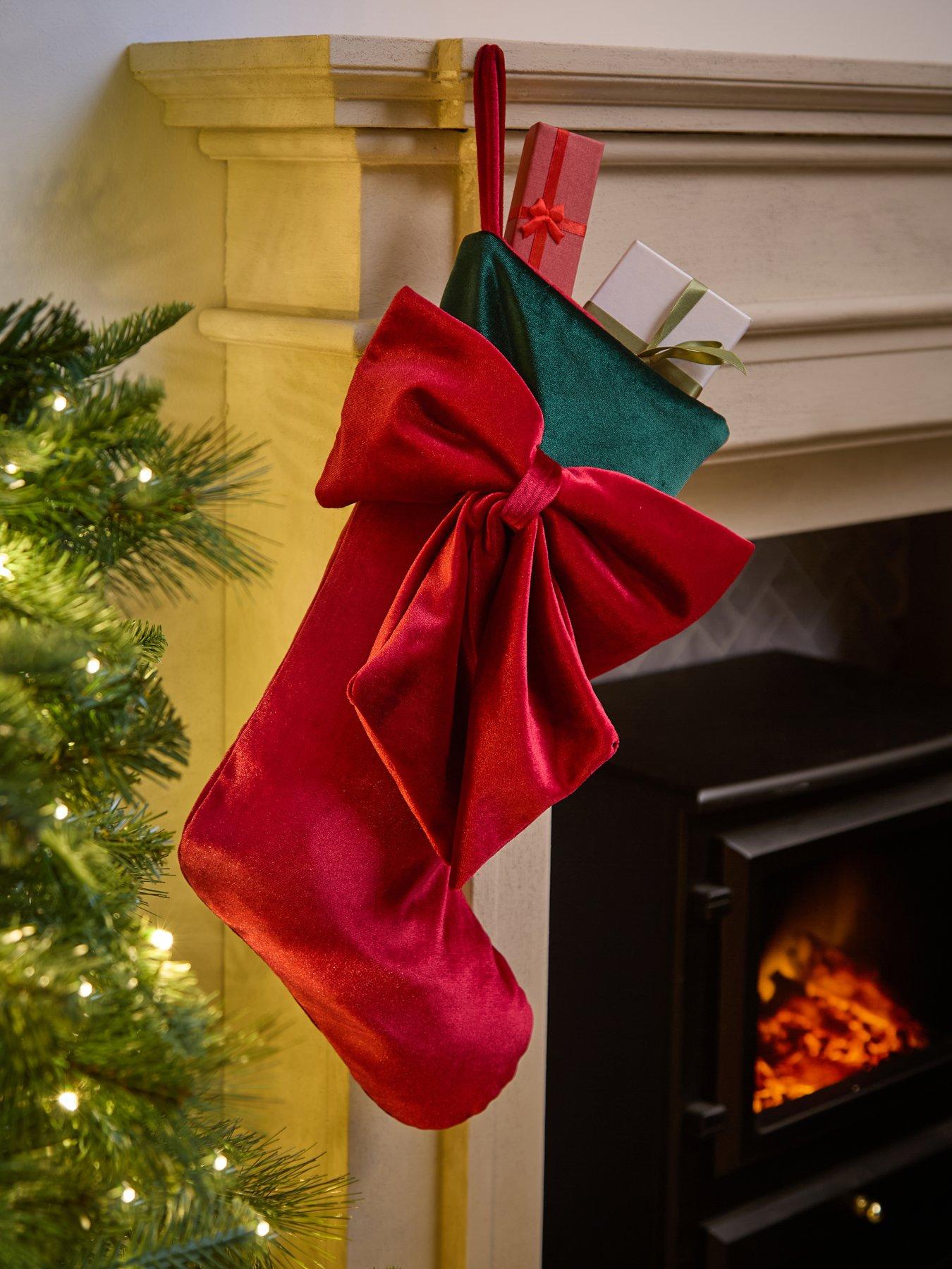 Image 1 of 6 of Festive Red Velvet Christmas&nbsp;Stocking with Red Bow/Green Cuff - 46cm