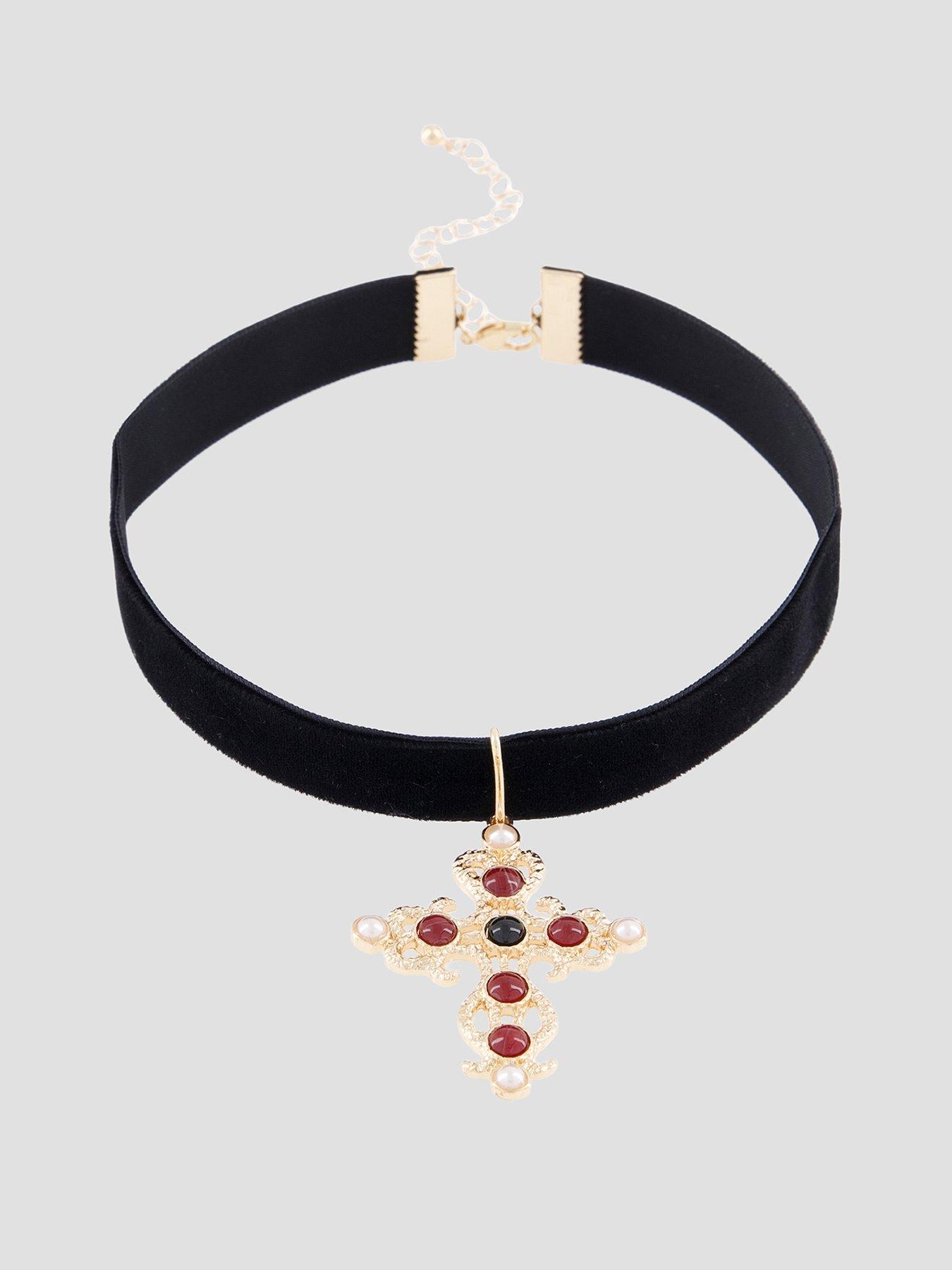 The Very Collection Large Gold Tone Cross Velvet Choker