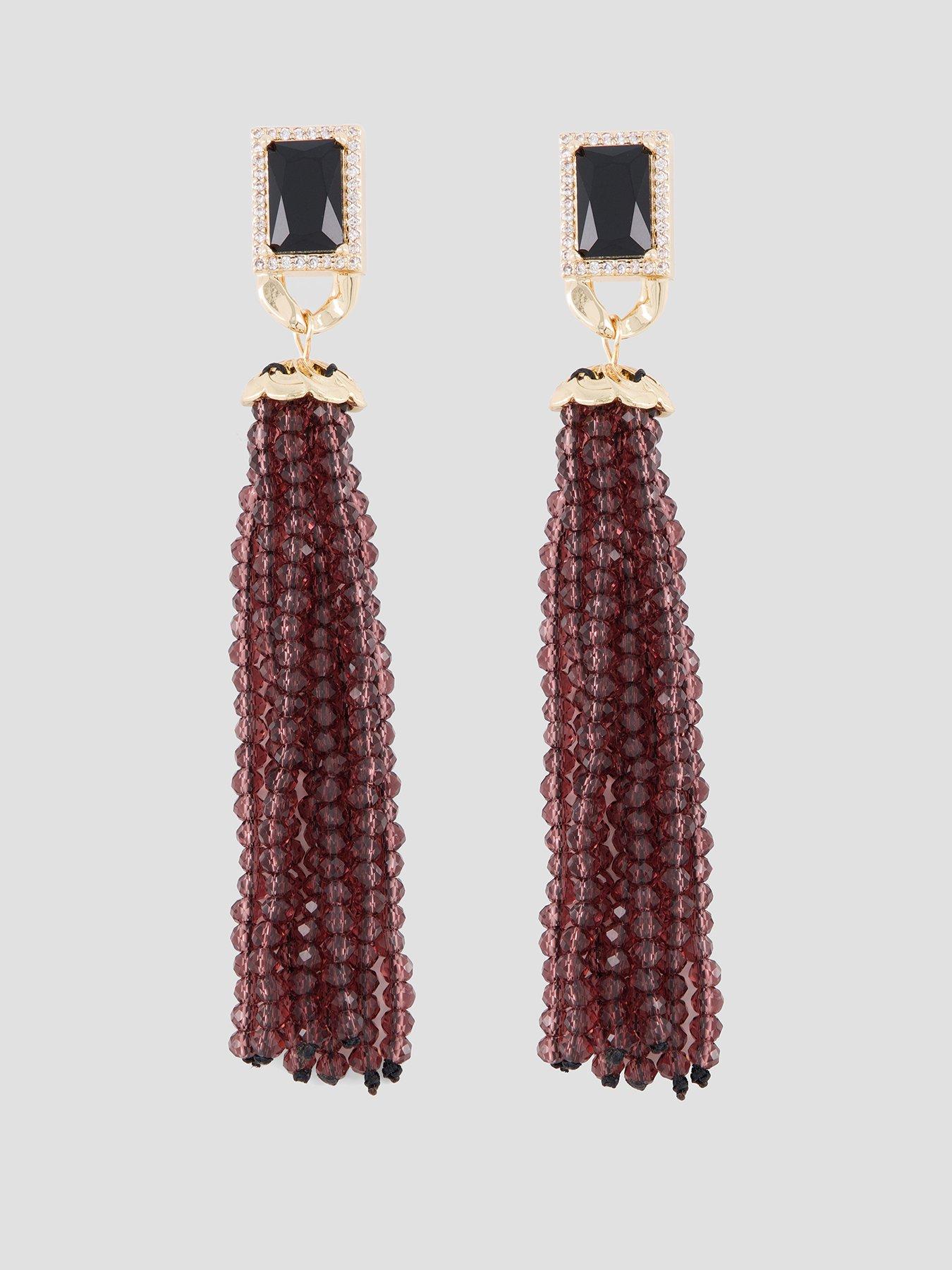 The Very Collection Burgundy Beaded Fringe Drop Earrings