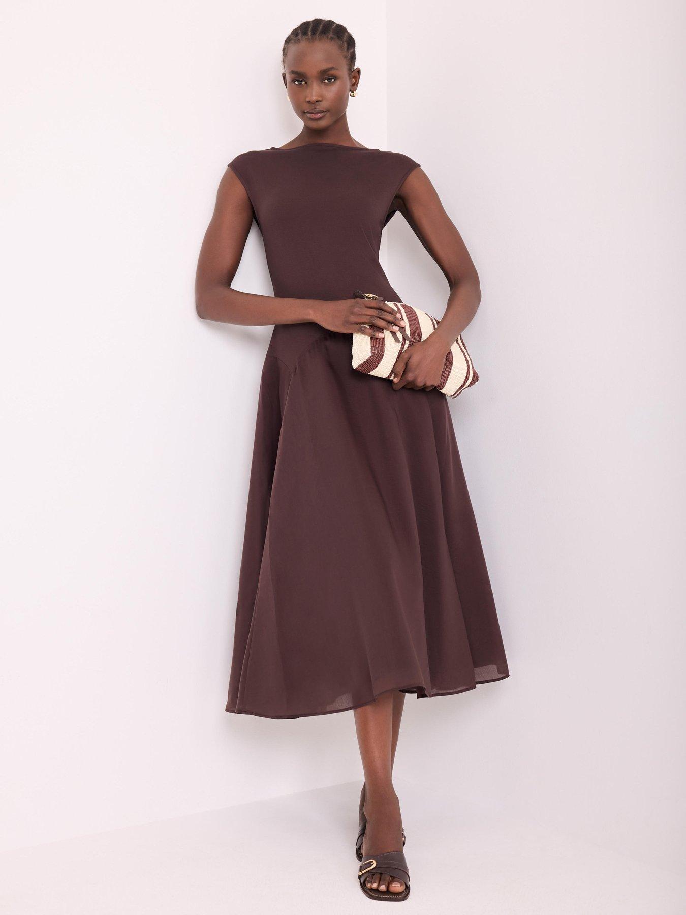 Image 1 of 6 of Mint Velvet Brown Flounce Woven Maxi Dress