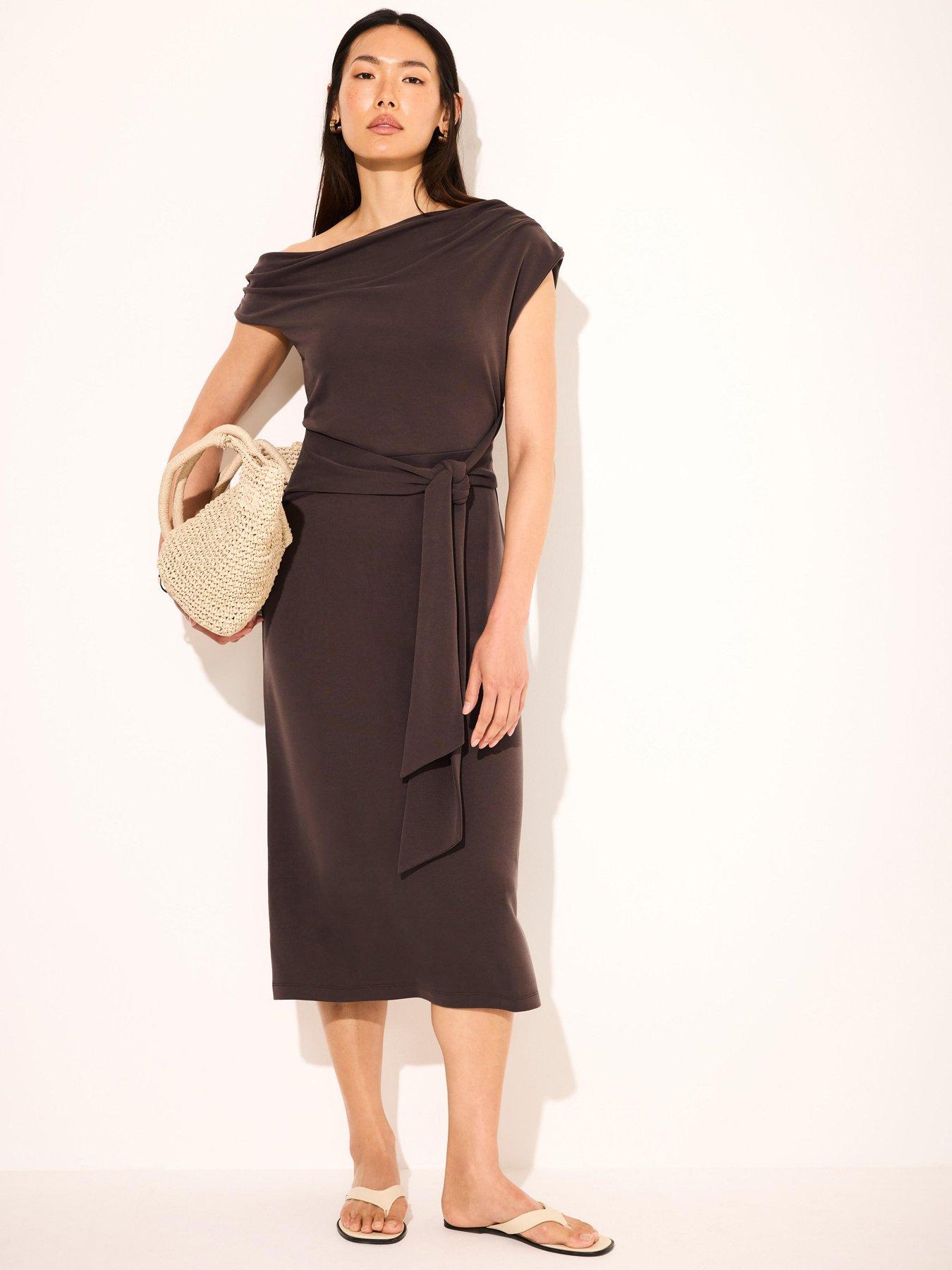 Mint Velvet Choc Cupro Tie Midi Dress - Brown