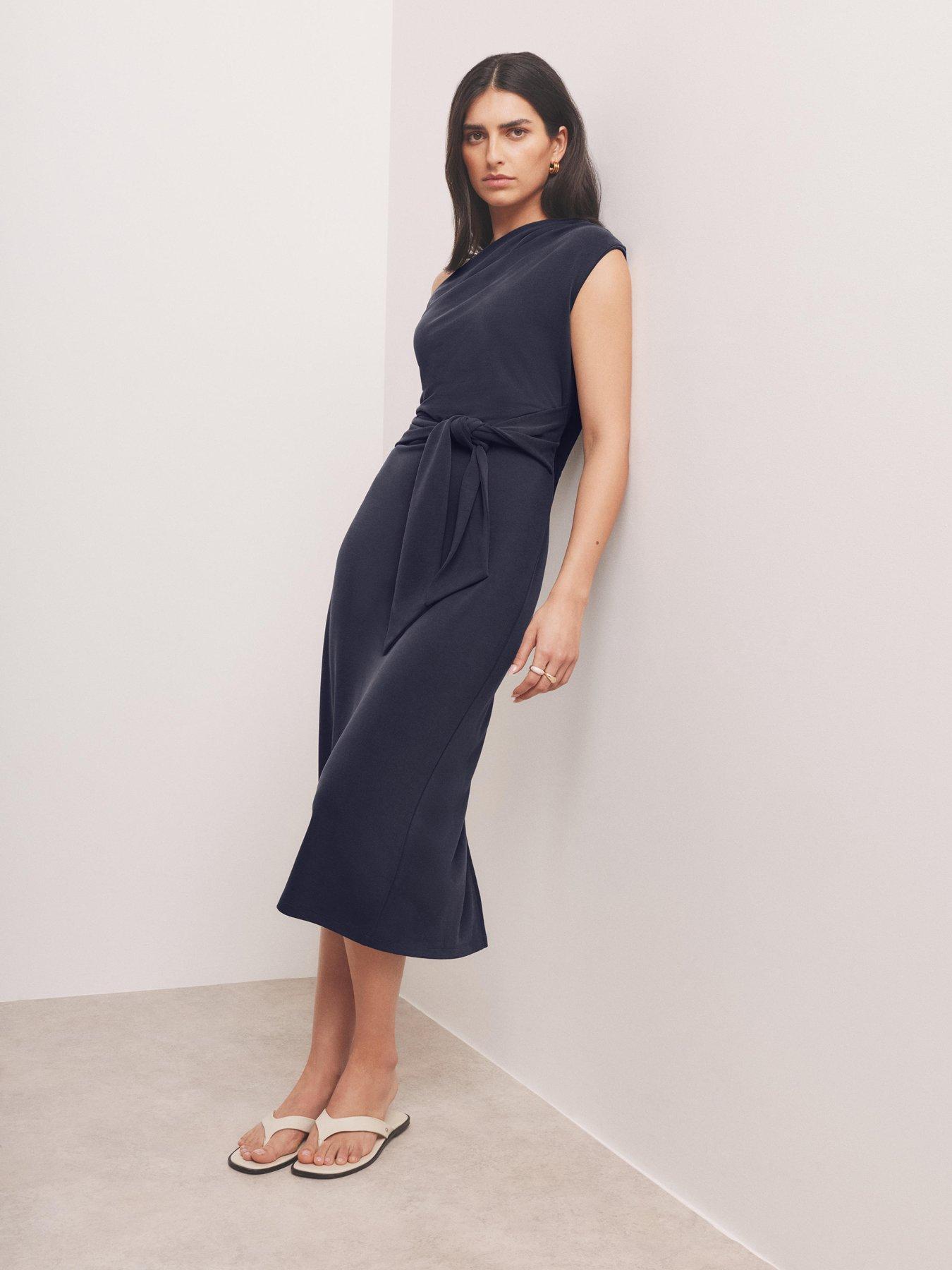 Mint Velvet Navy Cupro Tie Midi Dress - Blue