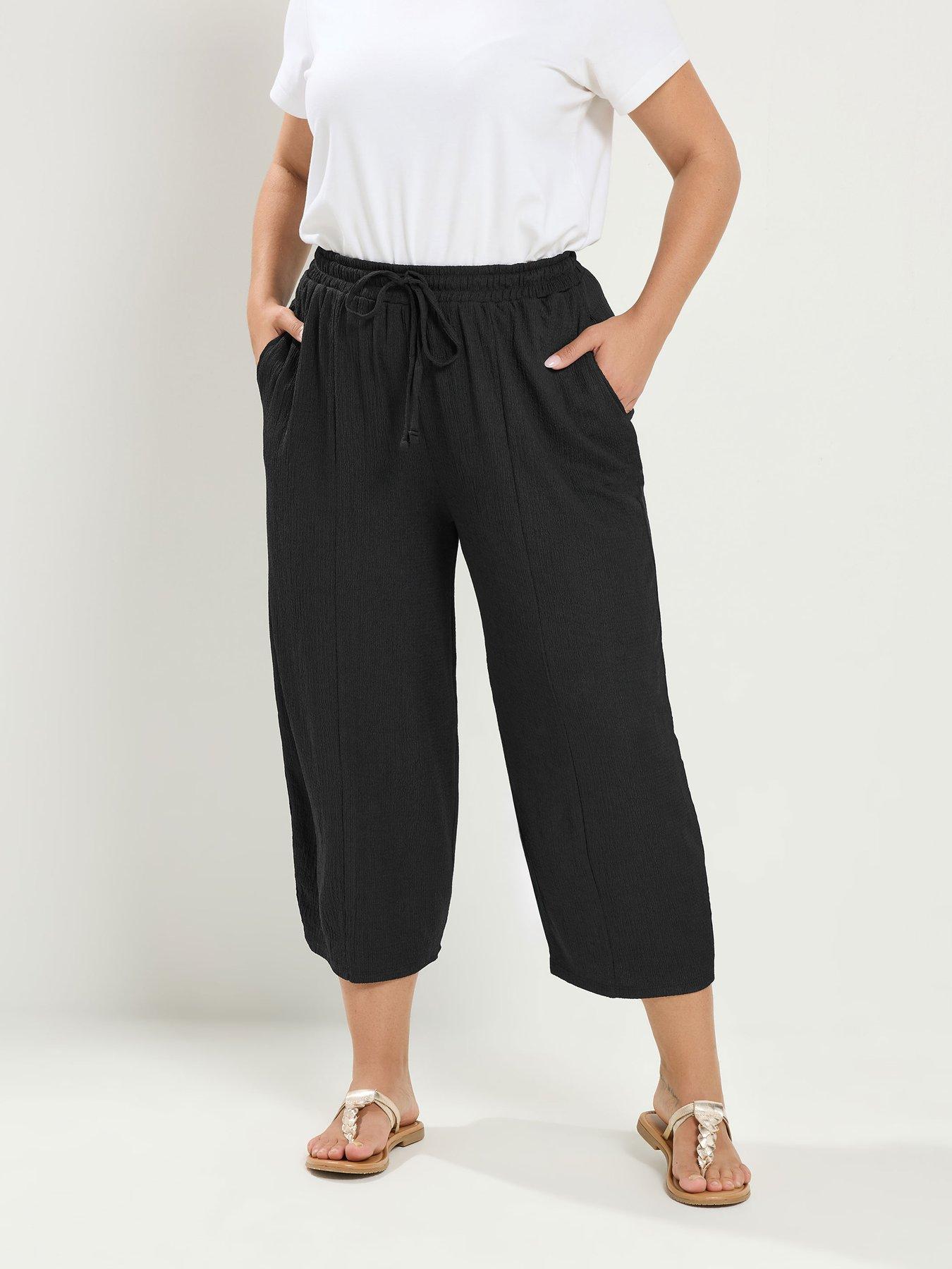 Yours Curve Crinkle Short Barrel Trousers - Black