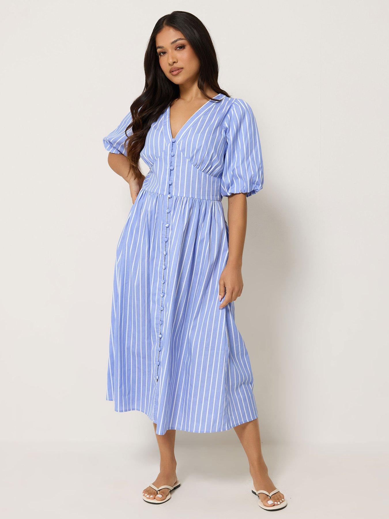 PixieGirl Petite Stripe Short Sleeve Midi Dress - Blue