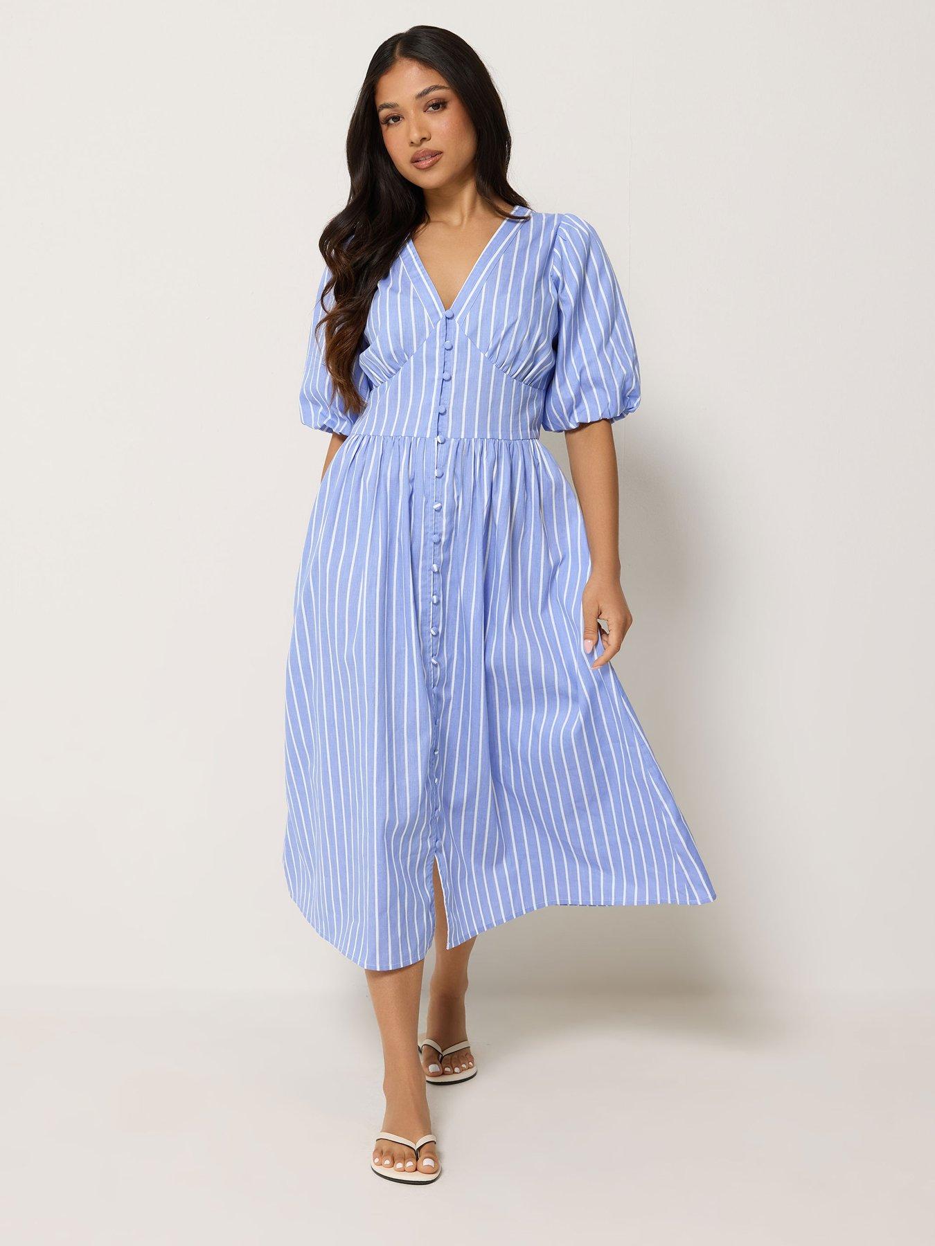 Image 3 of 4 of PixieGirl Petite Stripe Short Sleeve Midi Dress - Blue