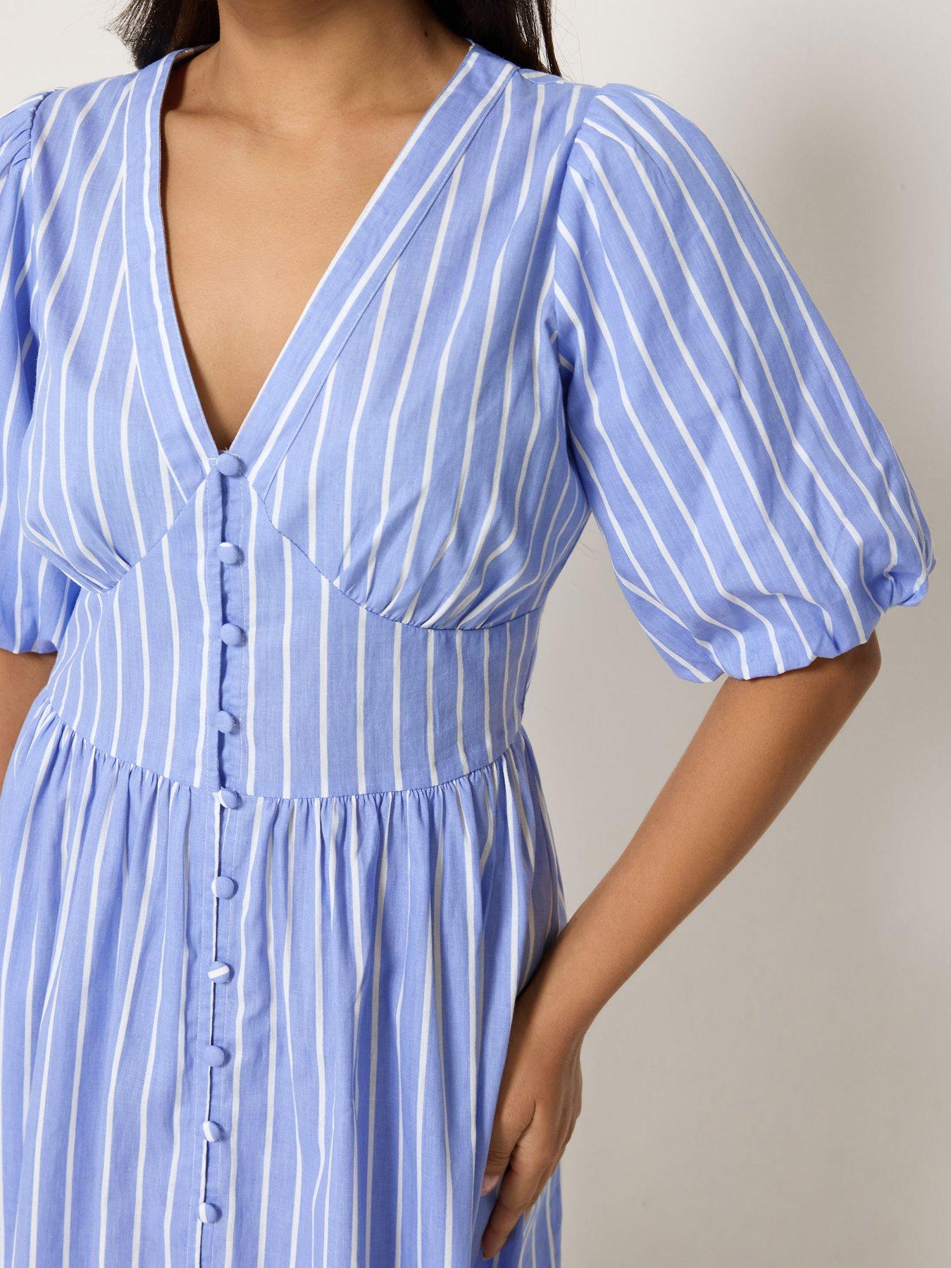 Image 4 of 4 of PixieGirl Petite Stripe Short Sleeve Midi Dress - Blue