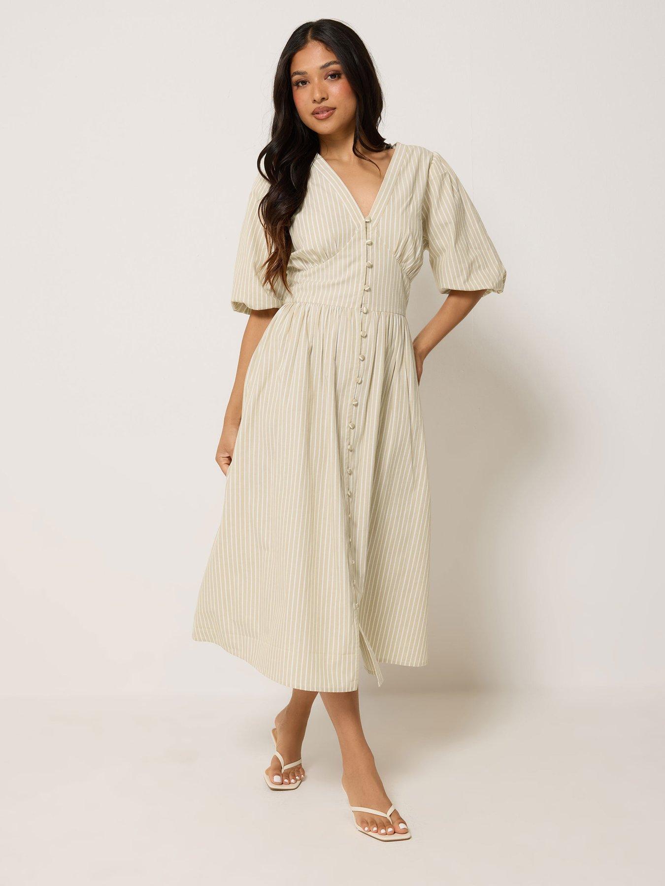 PixieGirl Petite Stripe Midi Tea Dress - Cream