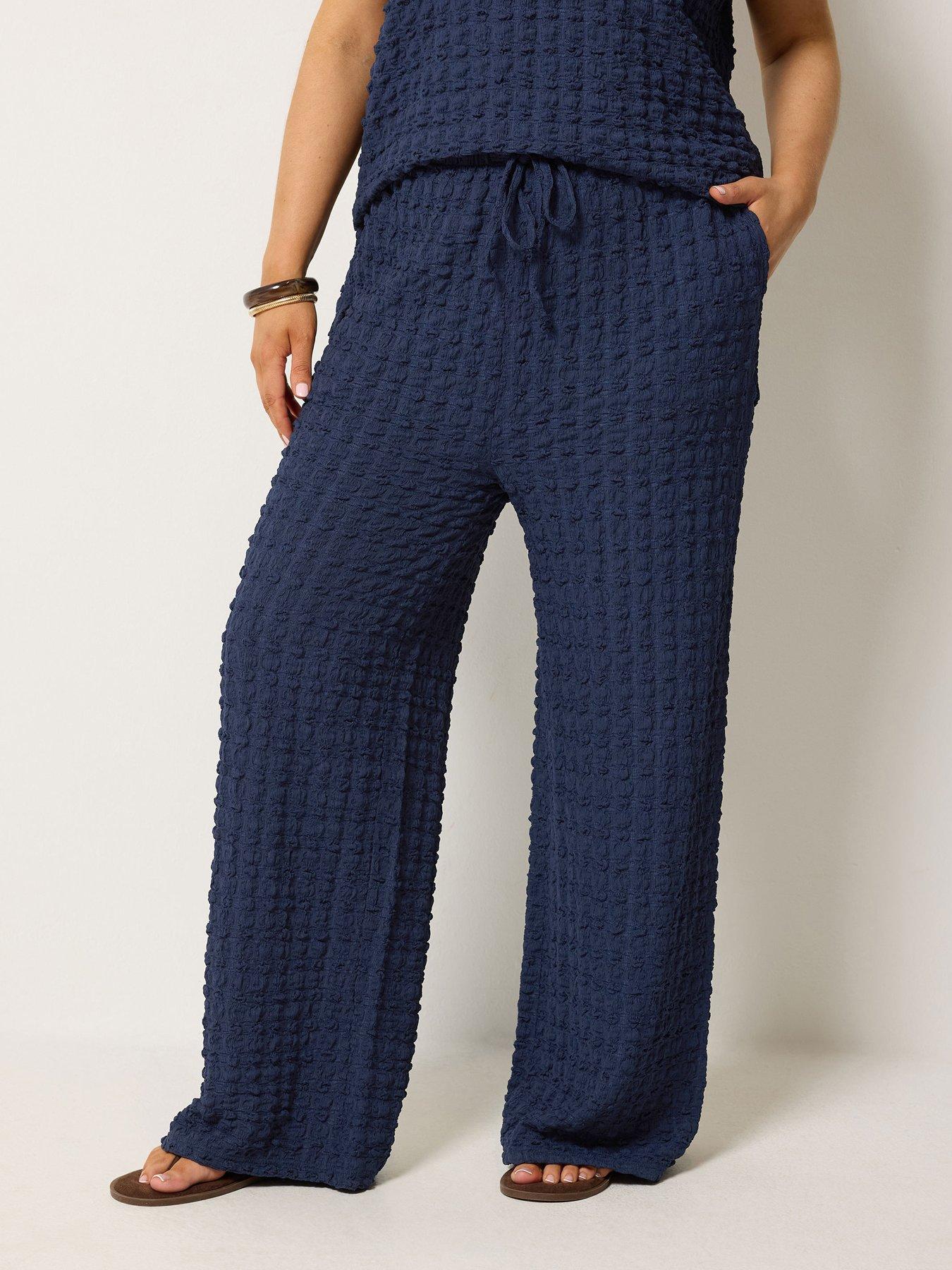 Yours Curve Bubble Textured Wide Leg Trousers 28" - Navy