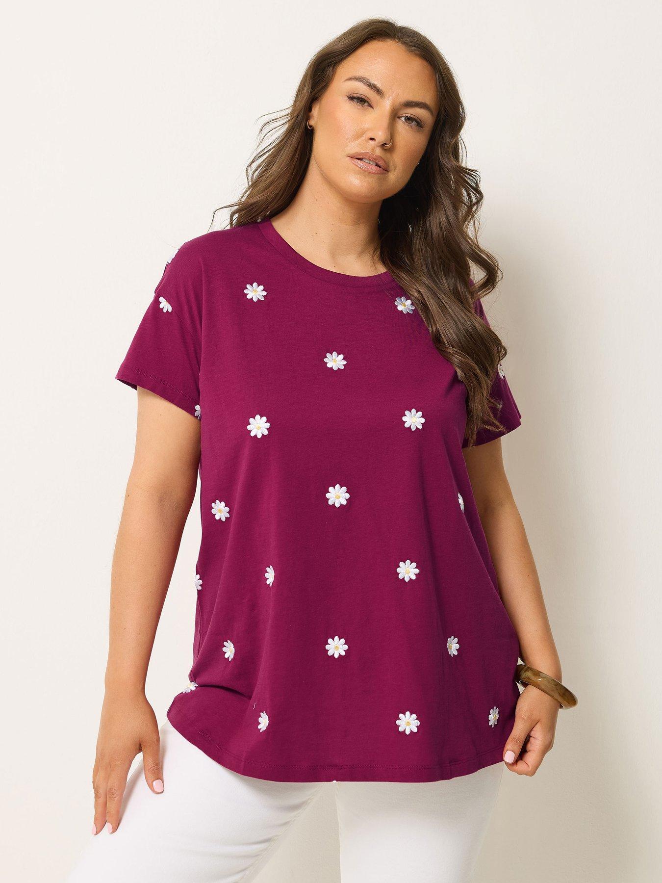 Yours Curve Embroidered Daisy T-Shirt - Pink
