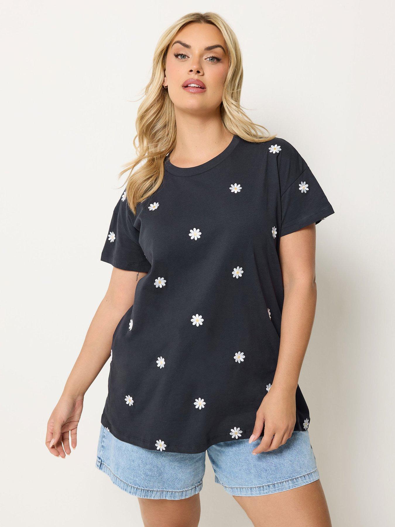 Yours Curve Embroidered Daisy Print T-Shirt - Blue