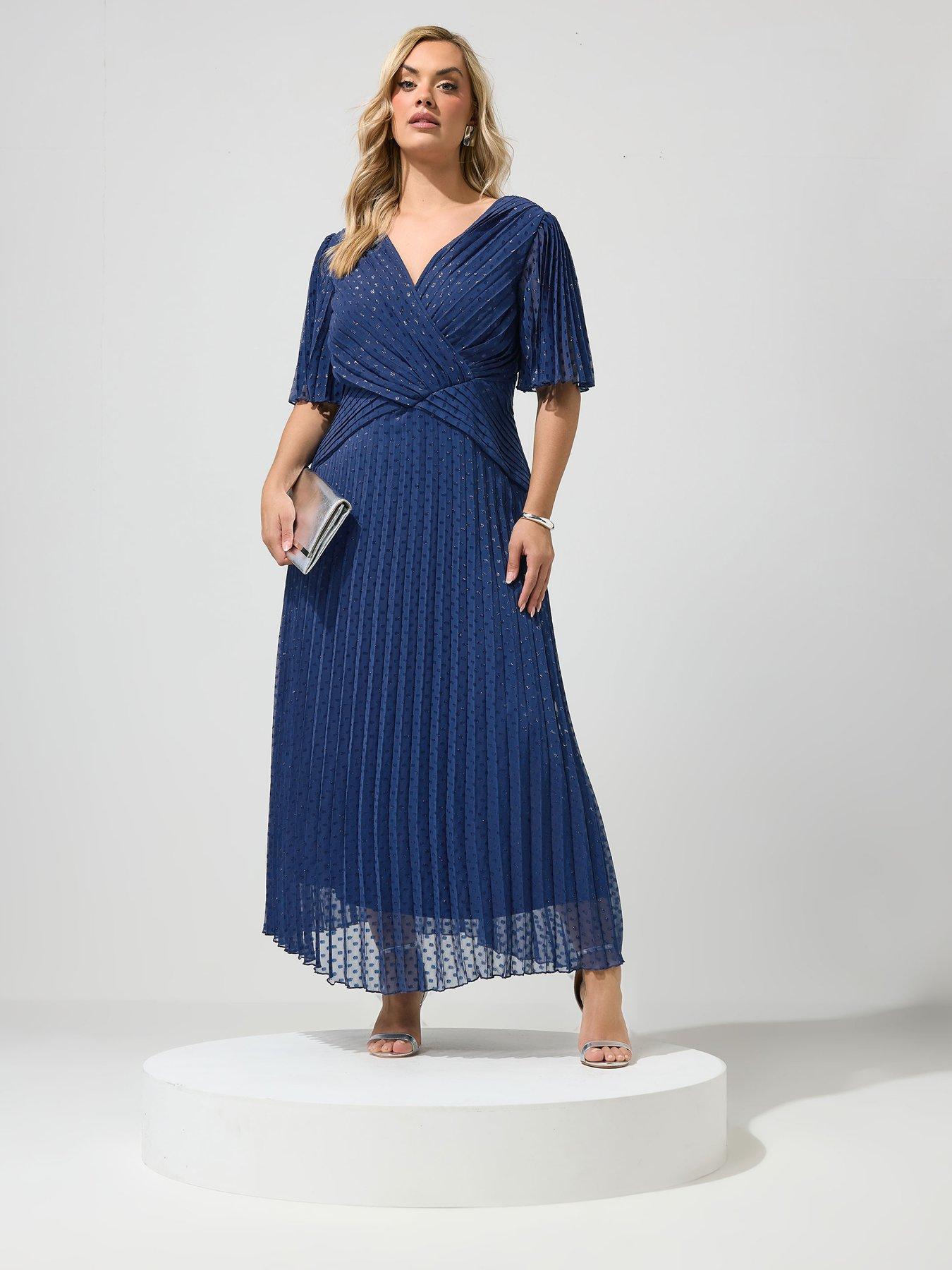 Yours Curve Metallic Pleated Wrap Dress - Blue