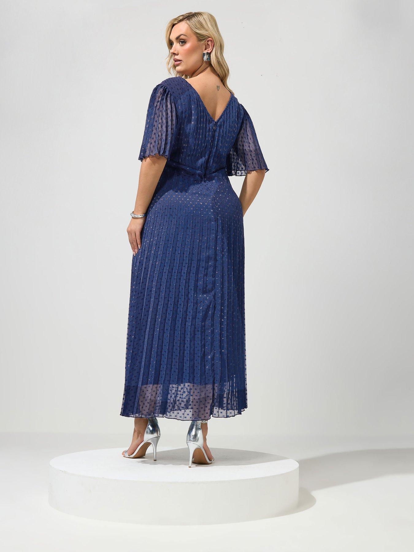 Image 2 of 4 of Yours Curve Metallic Pleated Wrap Dress - Blue