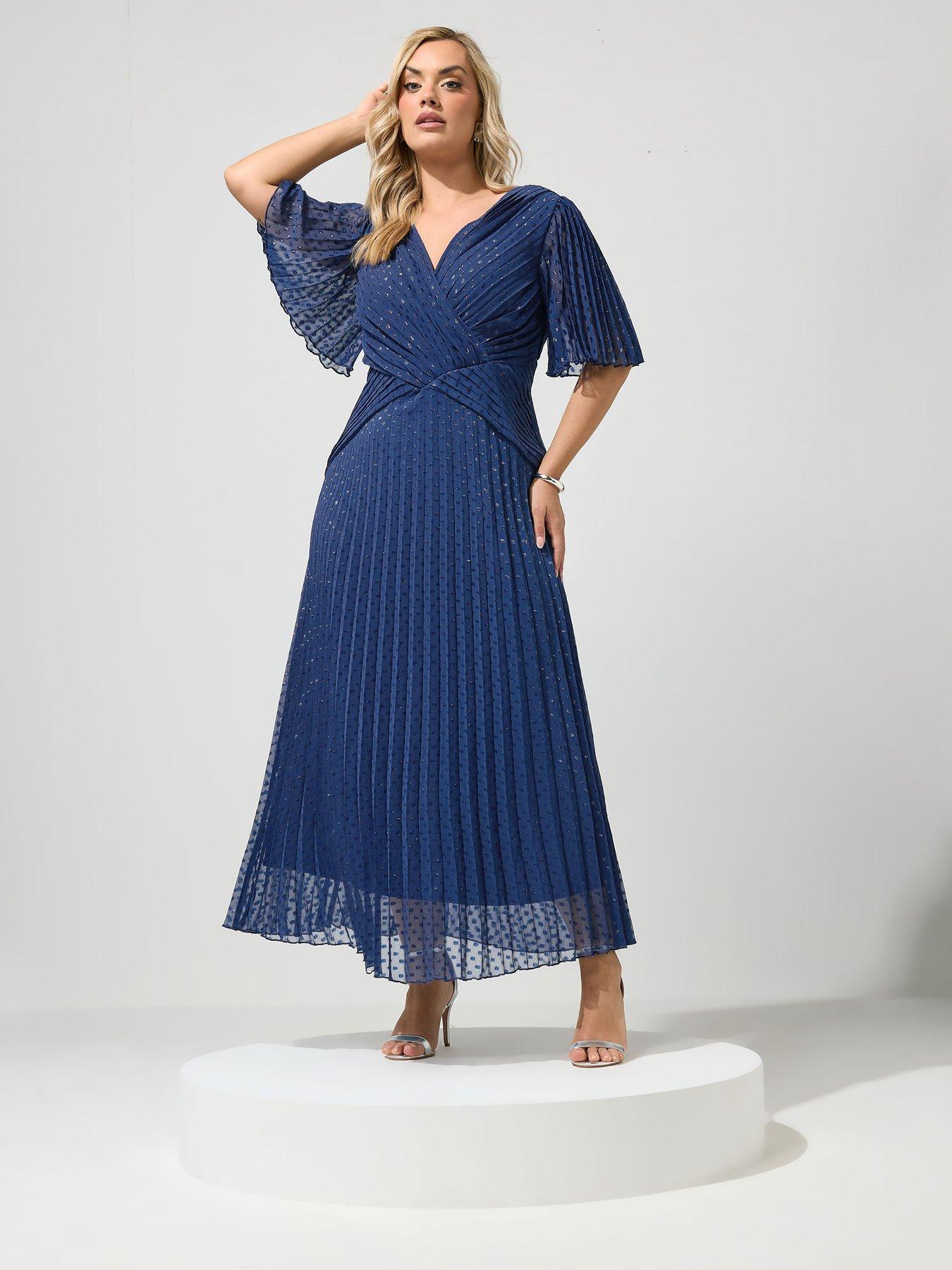 Image 3 of 4 of Yours Curve Metallic Pleated Wrap Dress - Blue