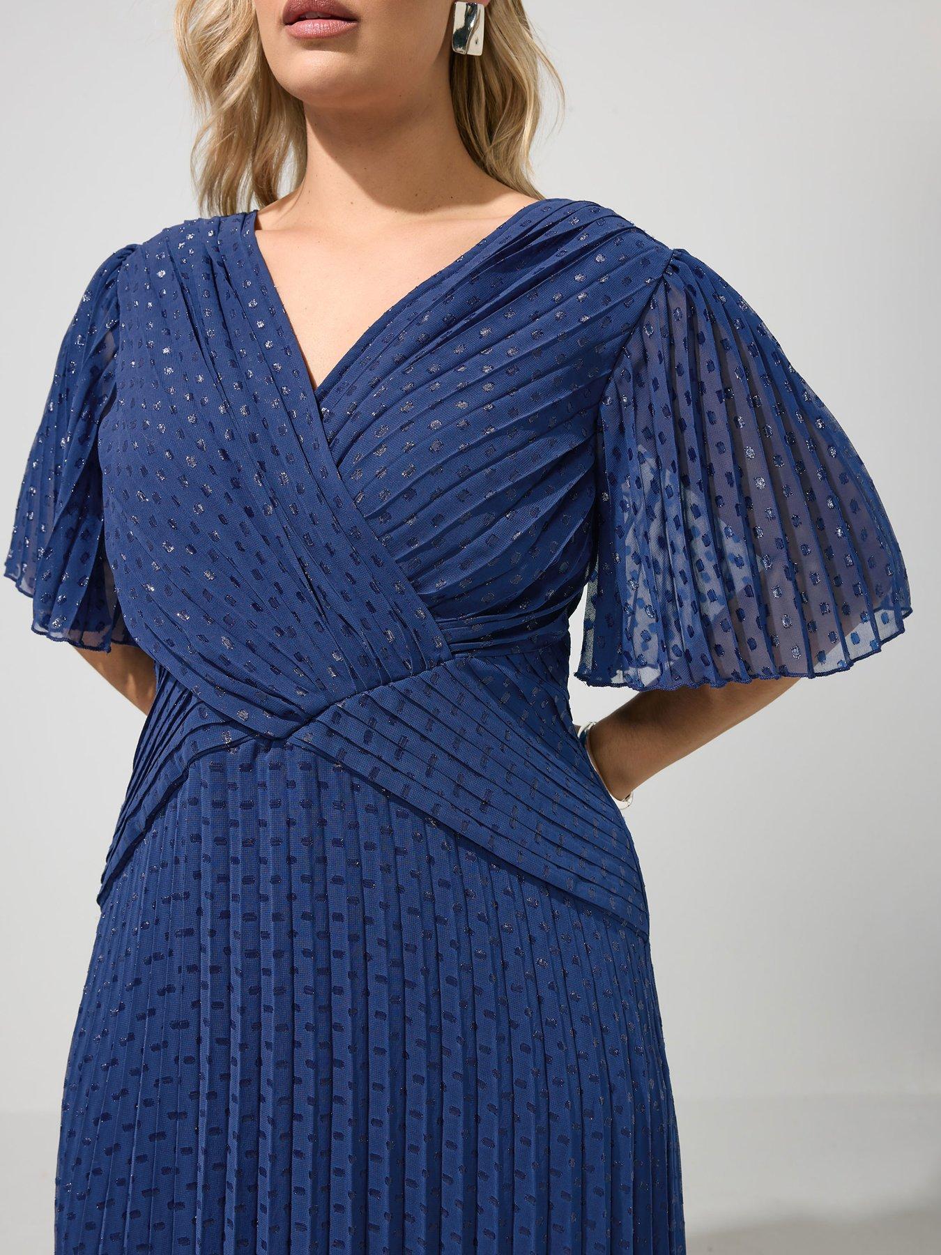 Image 4 of 4 of Yours Curve Metallic Pleated Wrap Dress - Blue