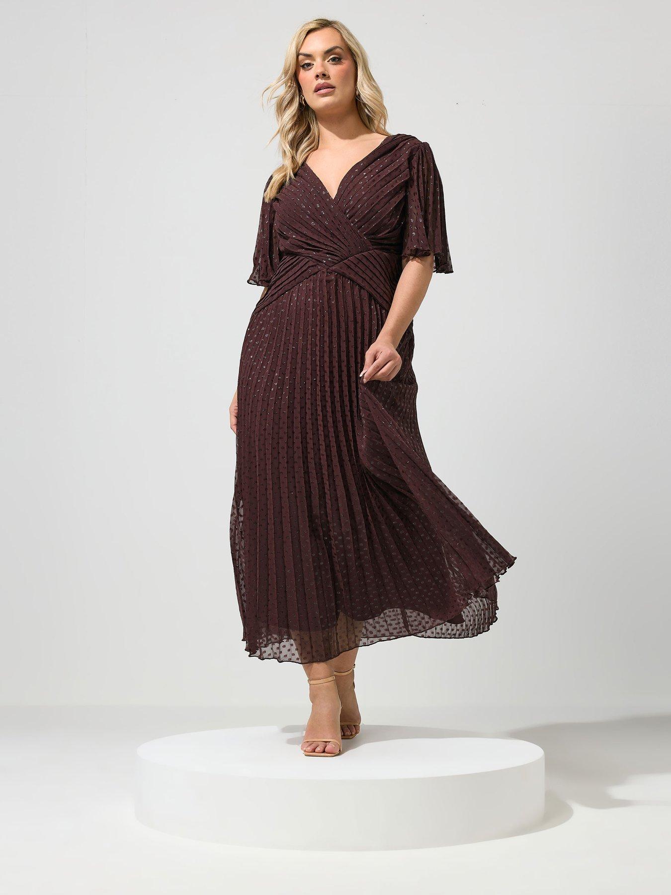 Image 1 of 4 of Yours Curve Metallic Pleated Wrap Dress - Brown