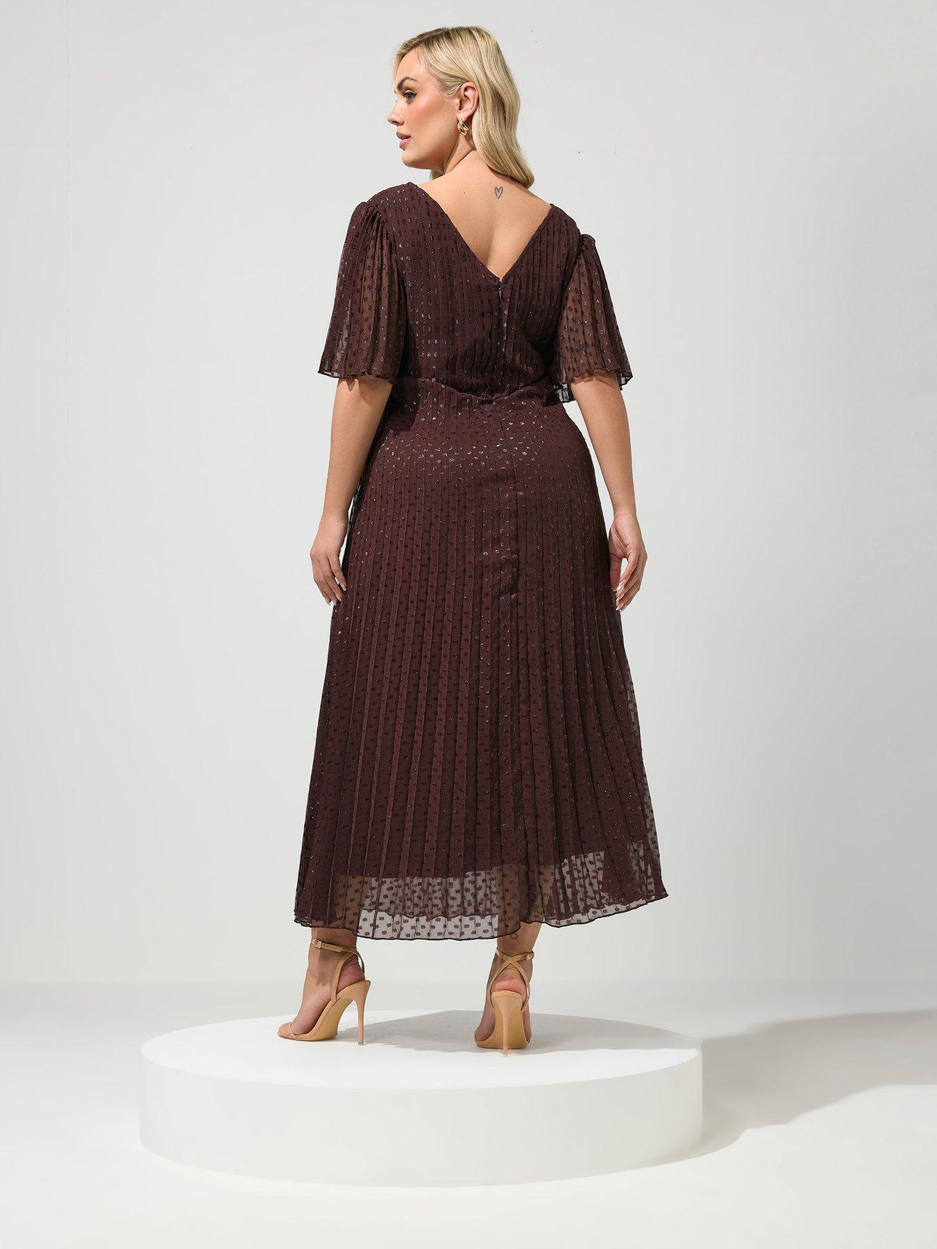 Image 2 of 4 of Yours Curve Metallic Pleated Wrap Dress - Brown