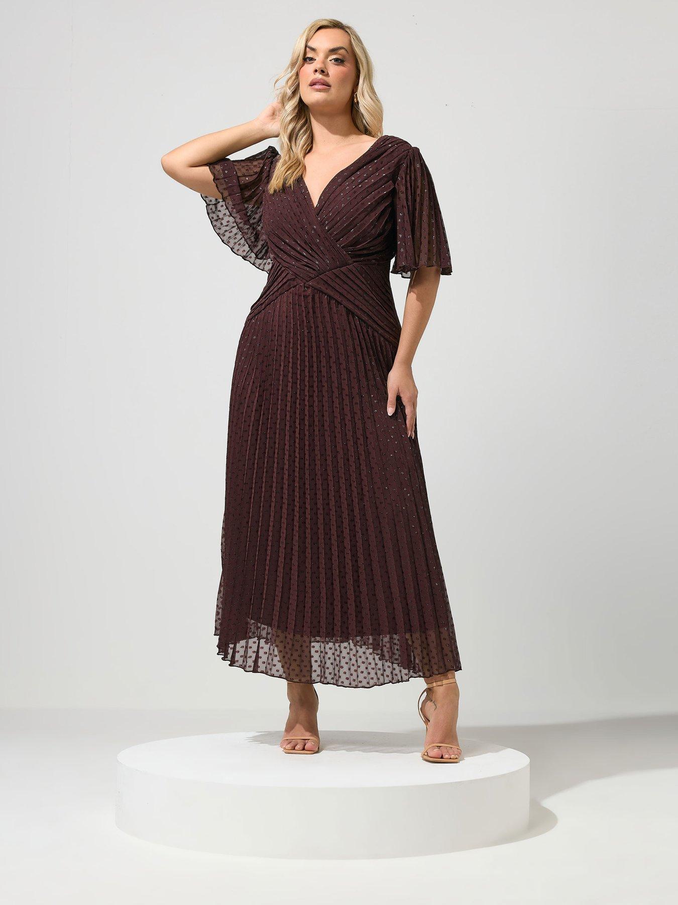 Image 3 of 4 of Yours Curve Metallic Pleated Wrap Dress - Brown