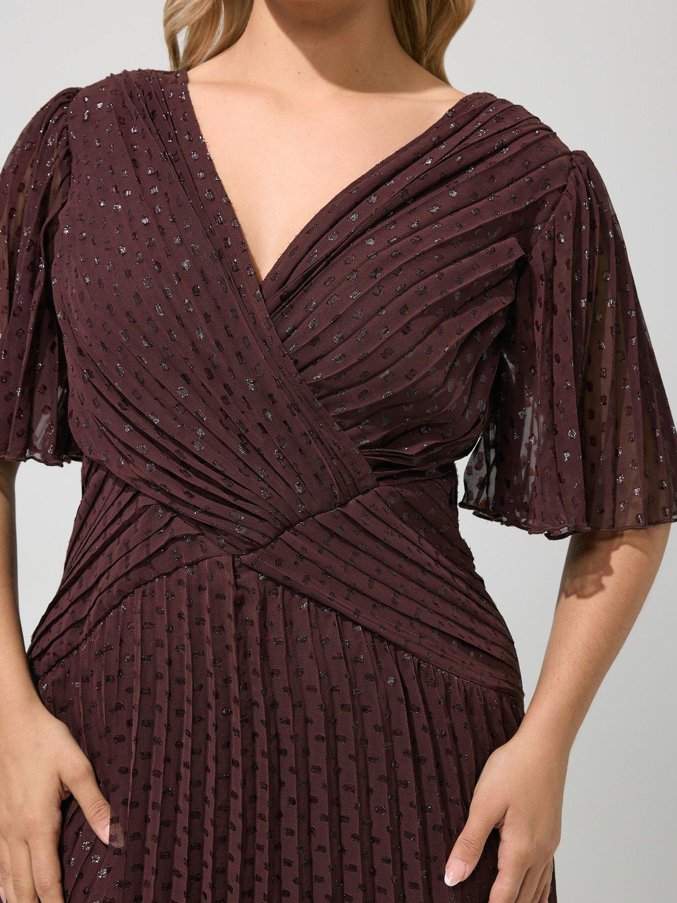 Image 4 of 4 of Yours Curve Metallic Pleated Wrap Dress - Brown