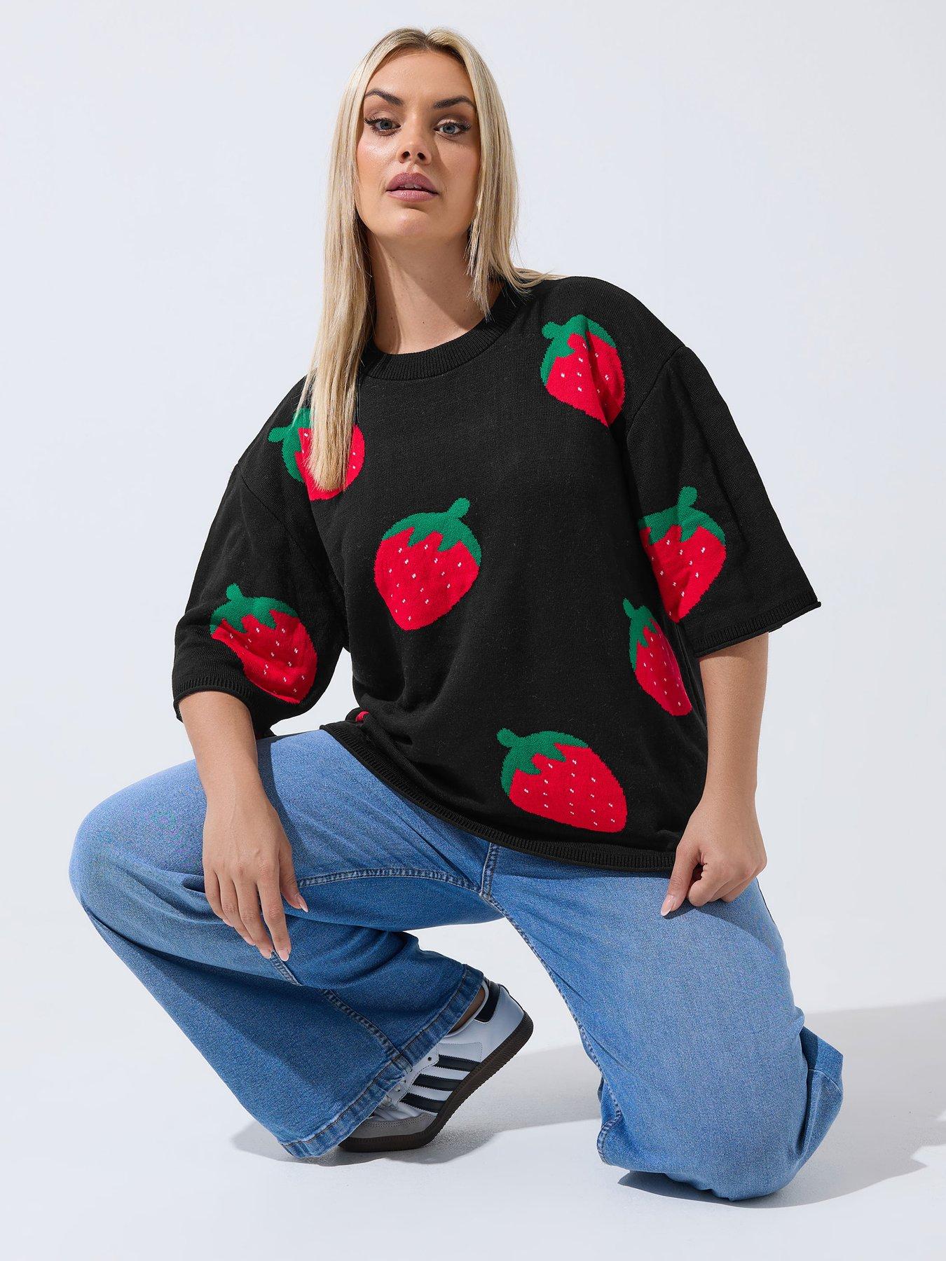 Image 1 of 4 of Yours Curve Strawberry Knit Boxy Top - Black