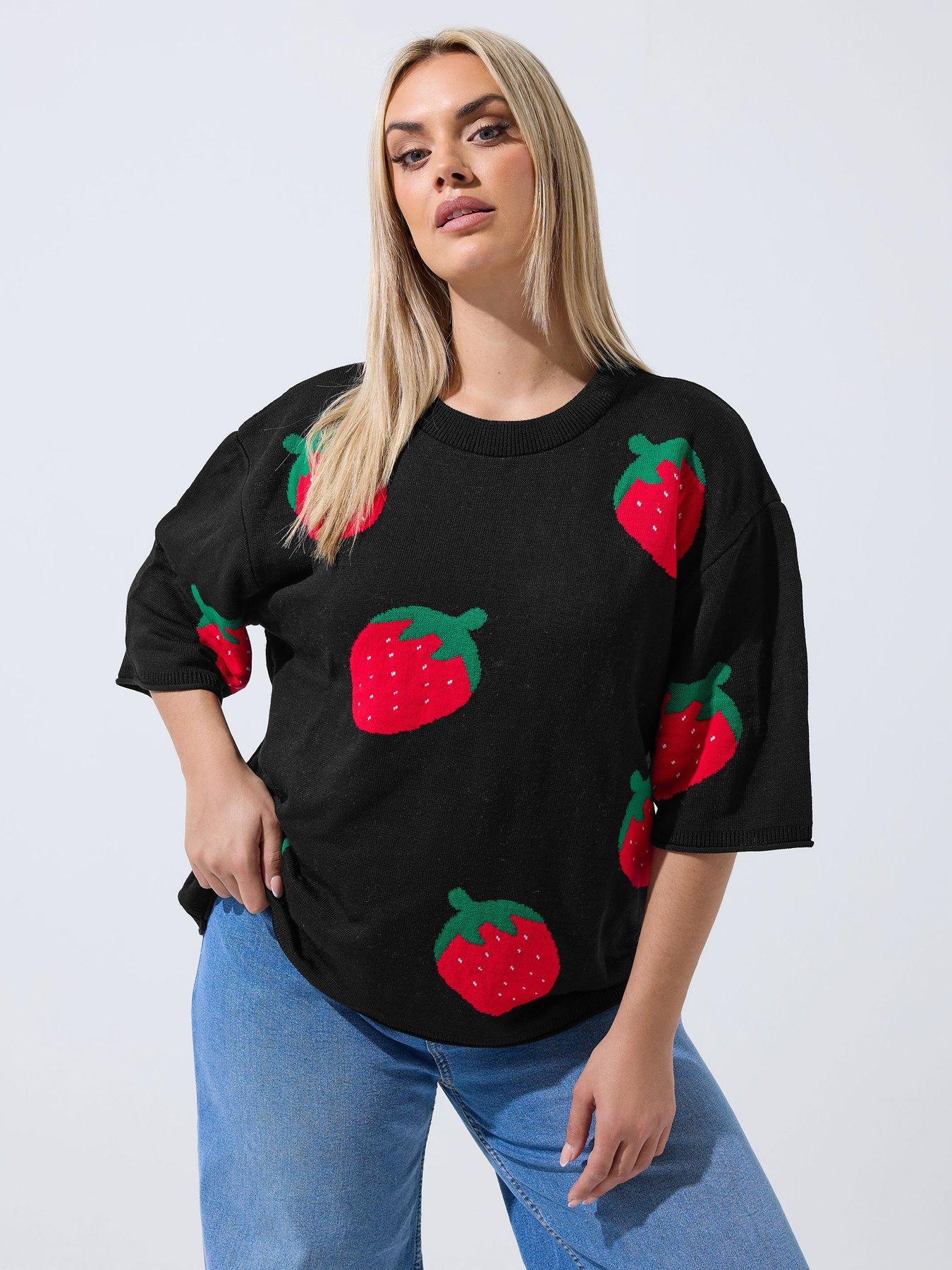 Image 4 of 4 of Yours Curve Strawberry Knit Boxy Top - Black