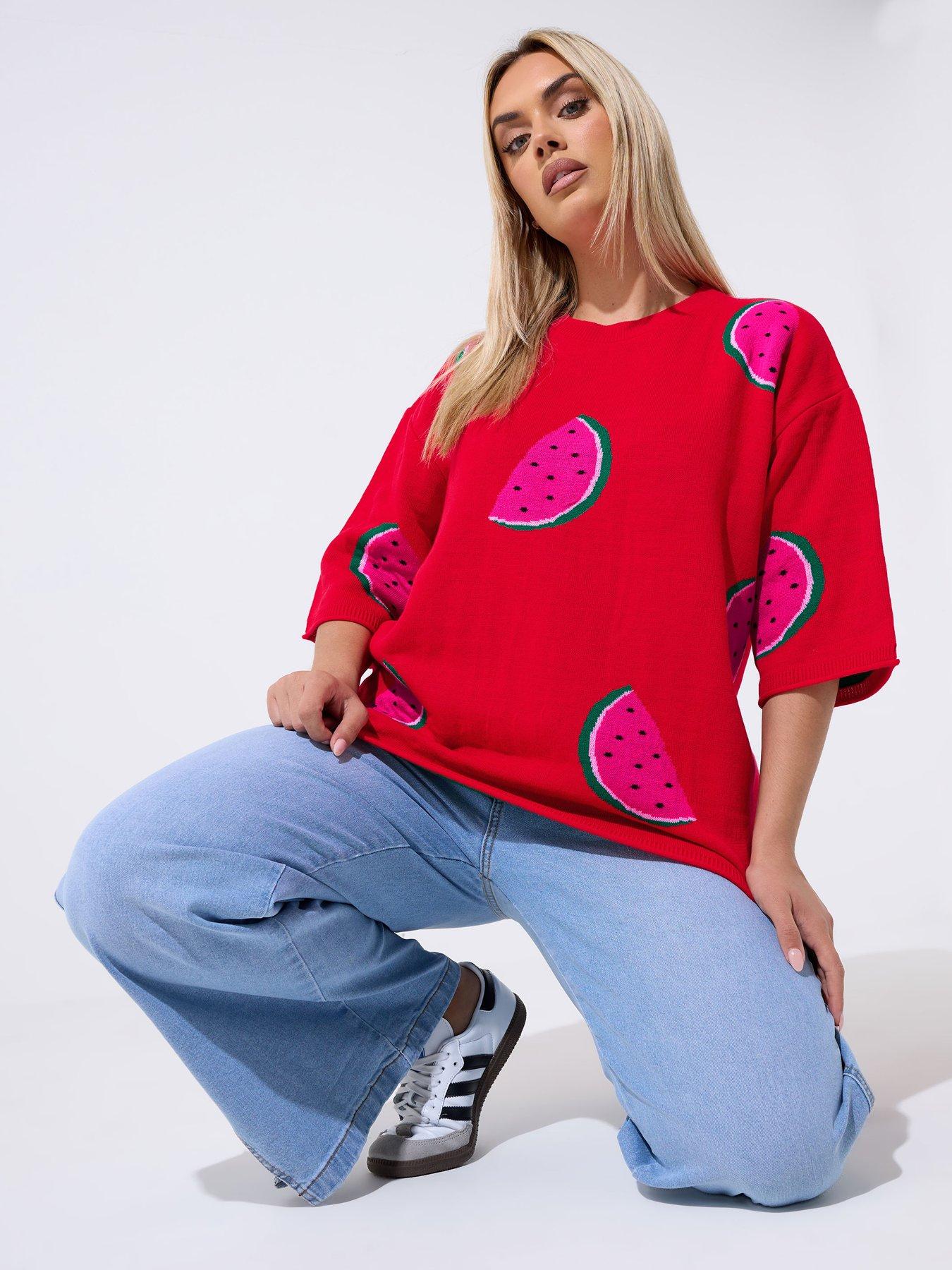 Yours Curve Watermelon Knit Boxy Top - Red