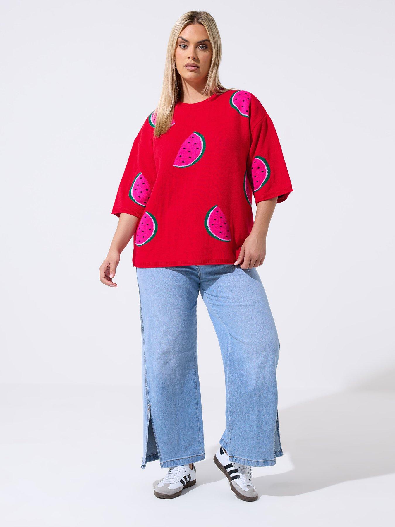 Image 3 of 4 of Yours Curve Watermelon Knit Boxy Top - Red