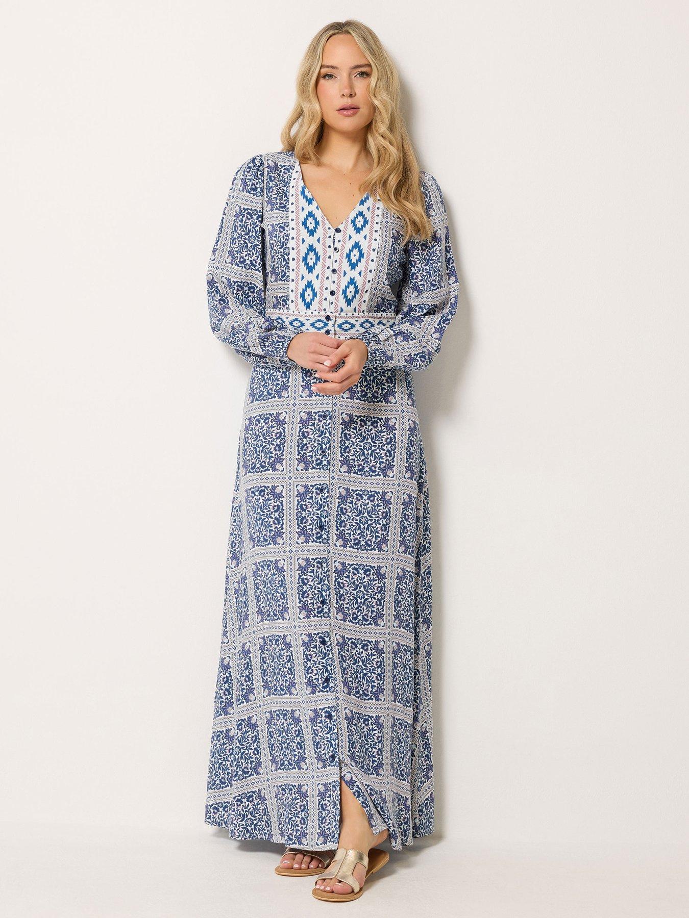 Long Tall Sally Tile Print Sleeve Button Maxi Dress - Blue