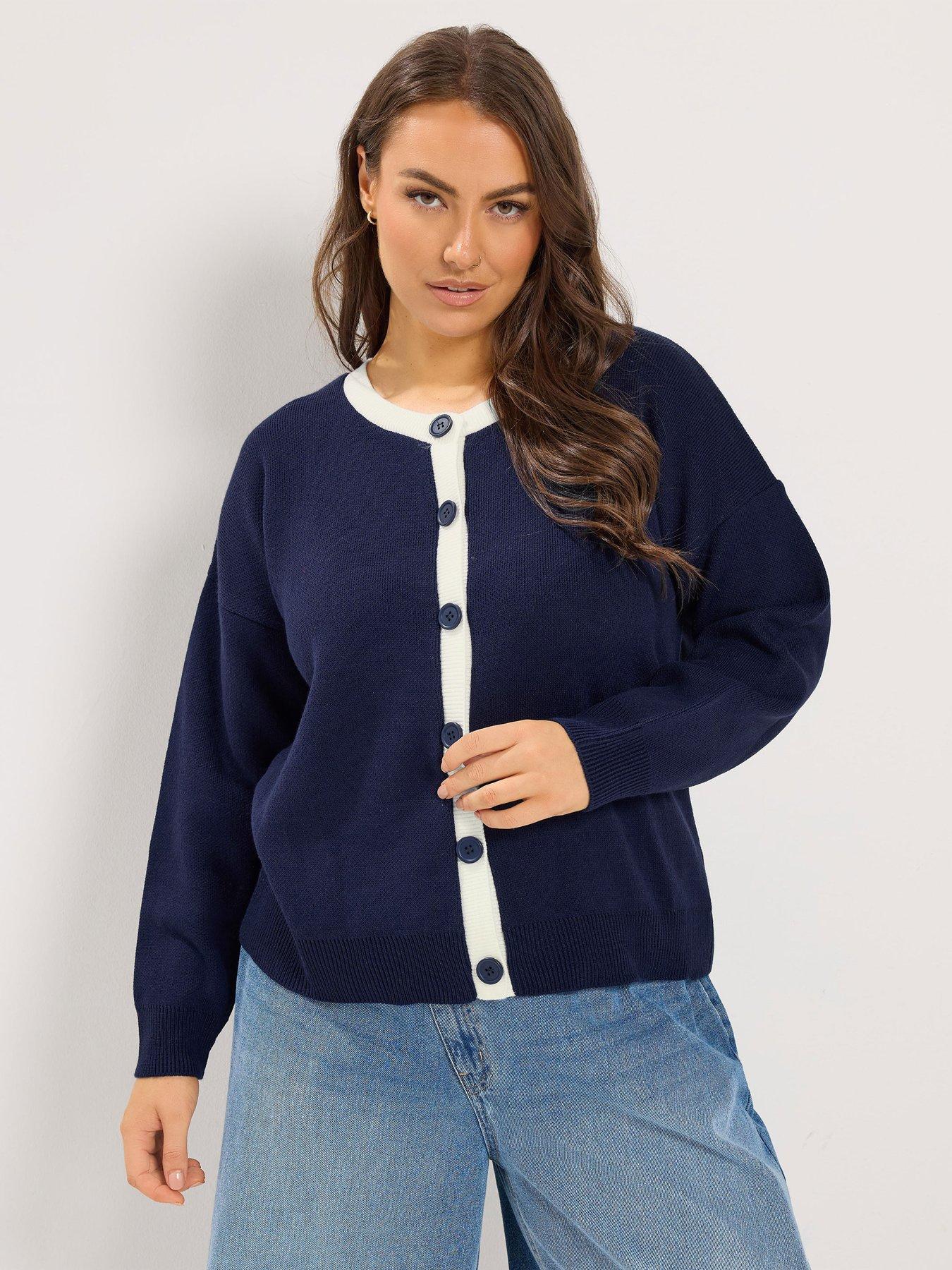 Image 1 of 4 of Yours Curve Contrast Knitted Cardigan - Blue