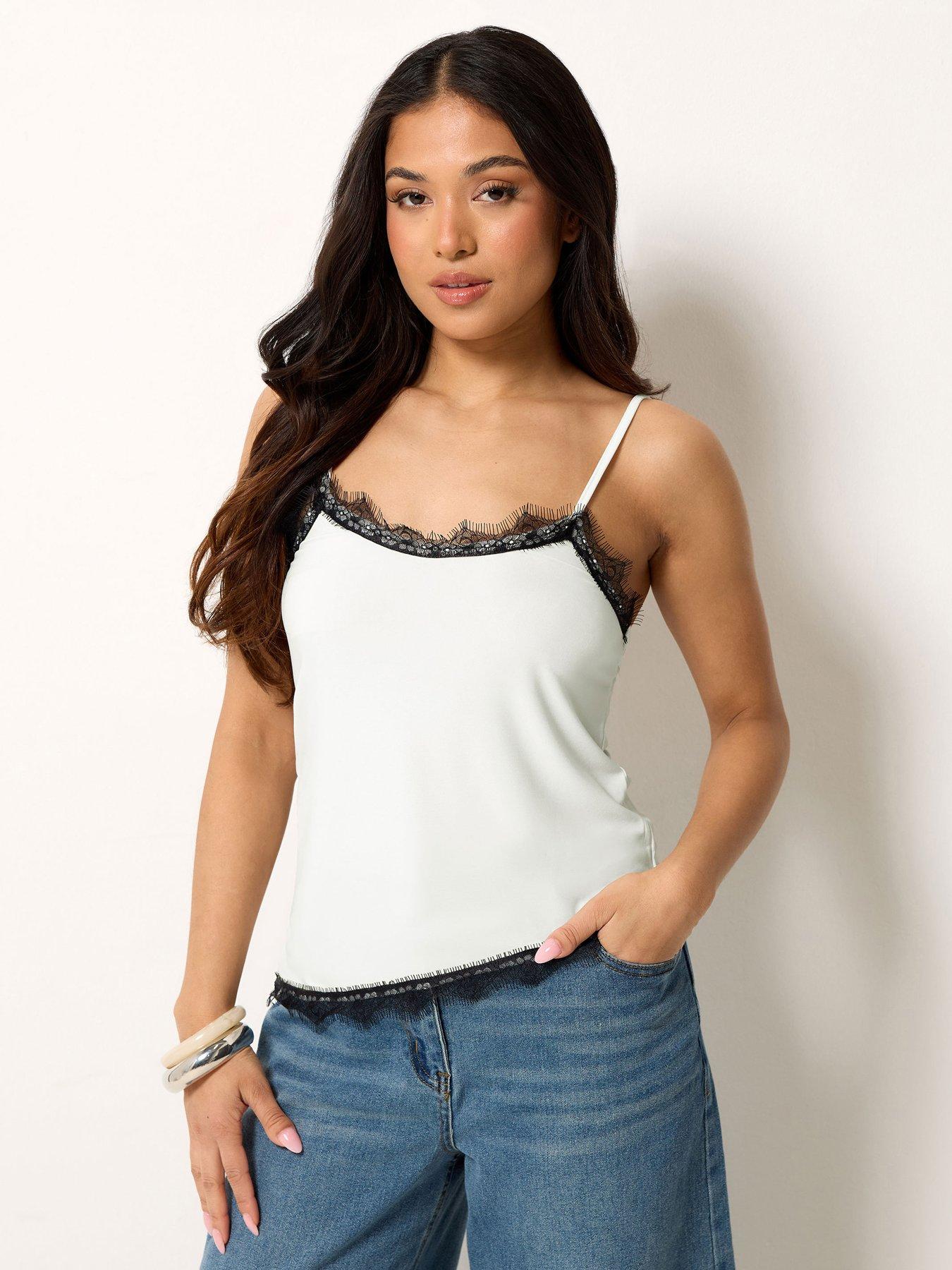 PixieGirl Petite Lace Trim Cami Top - White