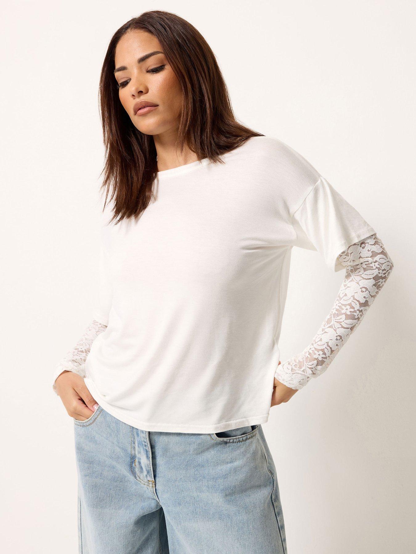 PixieGirl Petite Lace Sleeve T Shirt - White
