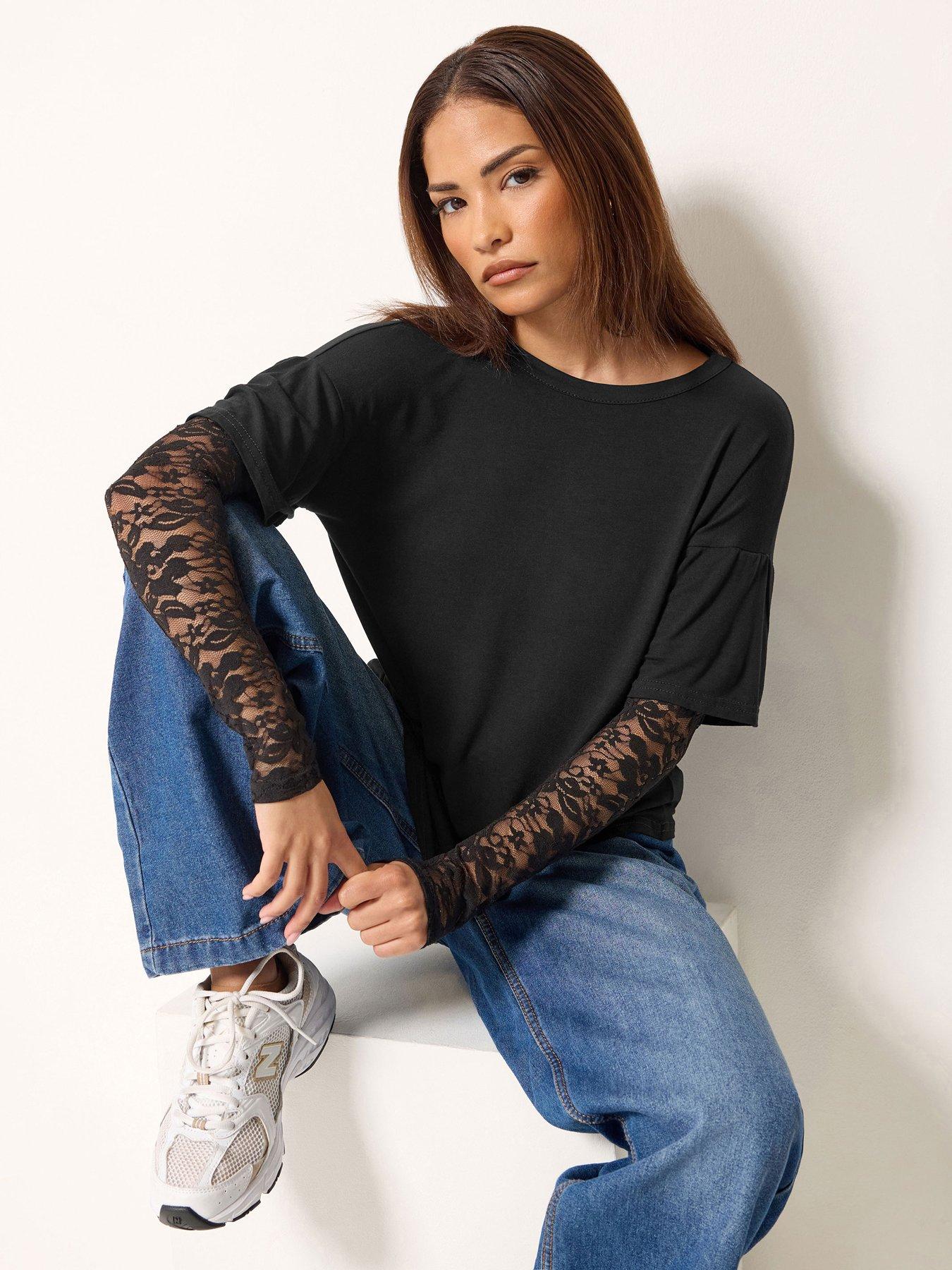 Image 1 of 4 of PixieGirl Petite Lace Sleeve T Shirt - Black