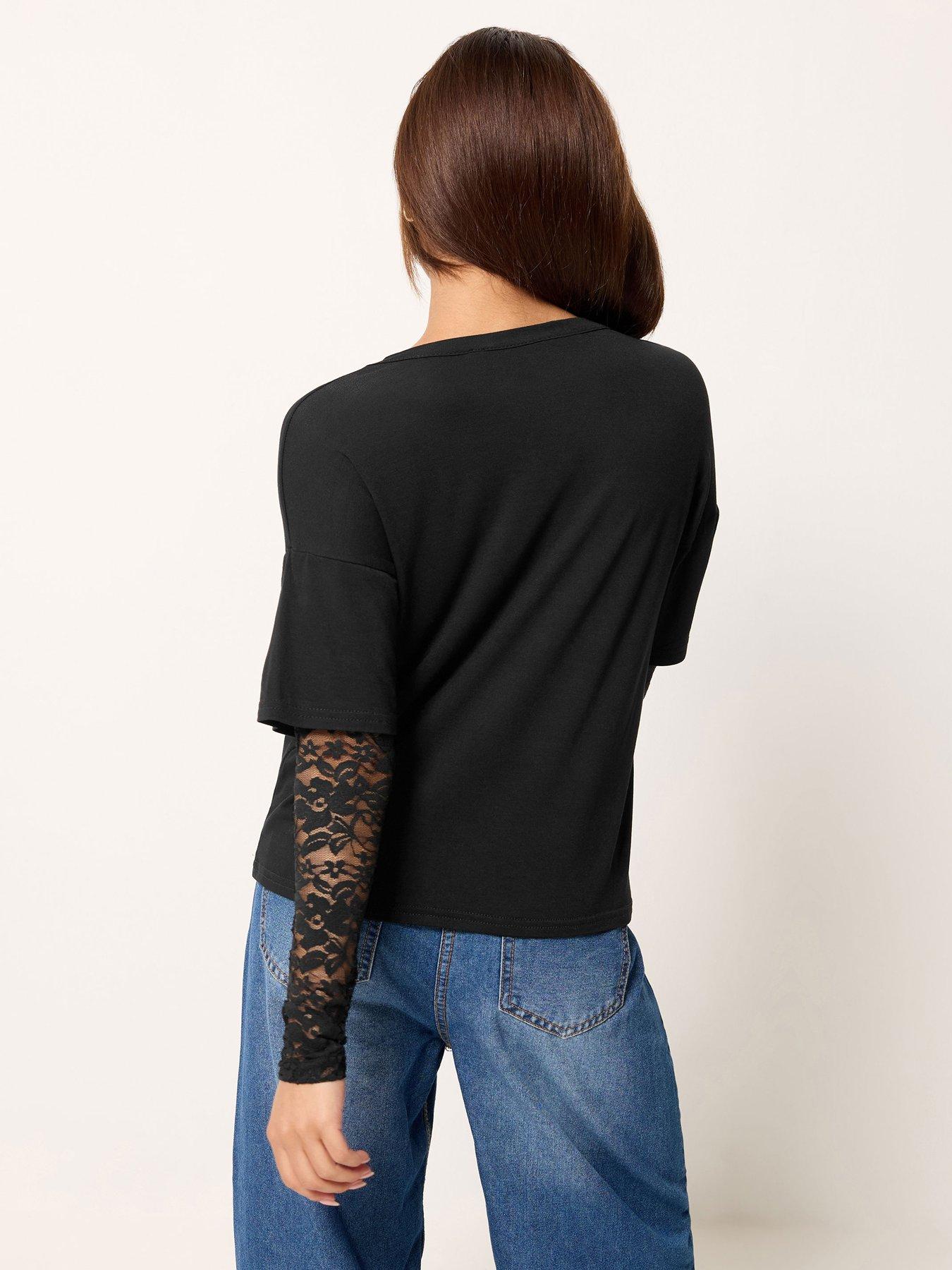 Image 2 of 4 of PixieGirl Petite Lace Sleeve T Shirt - Black