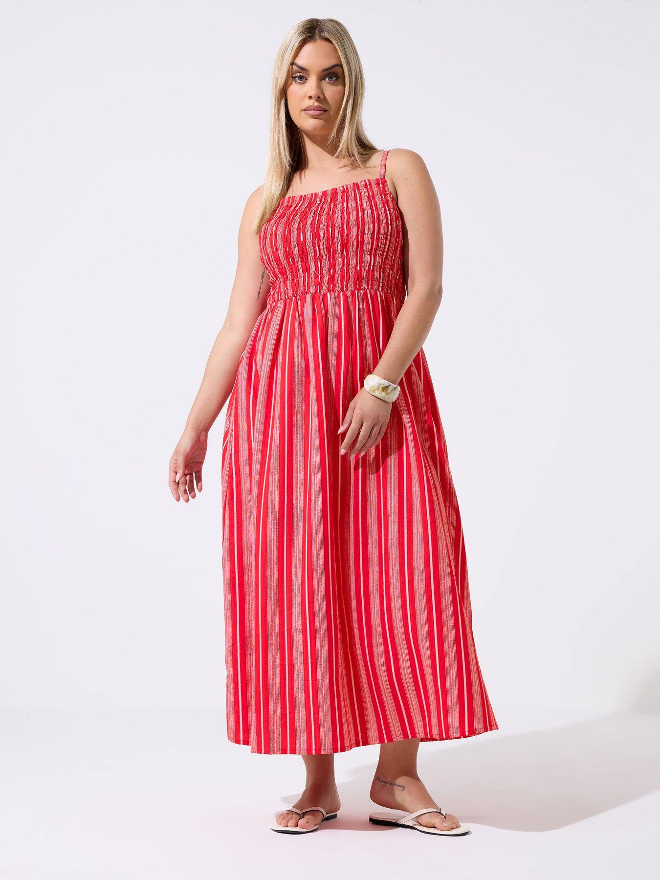 Yours Curve Shirred Stripe Print Dress - Red