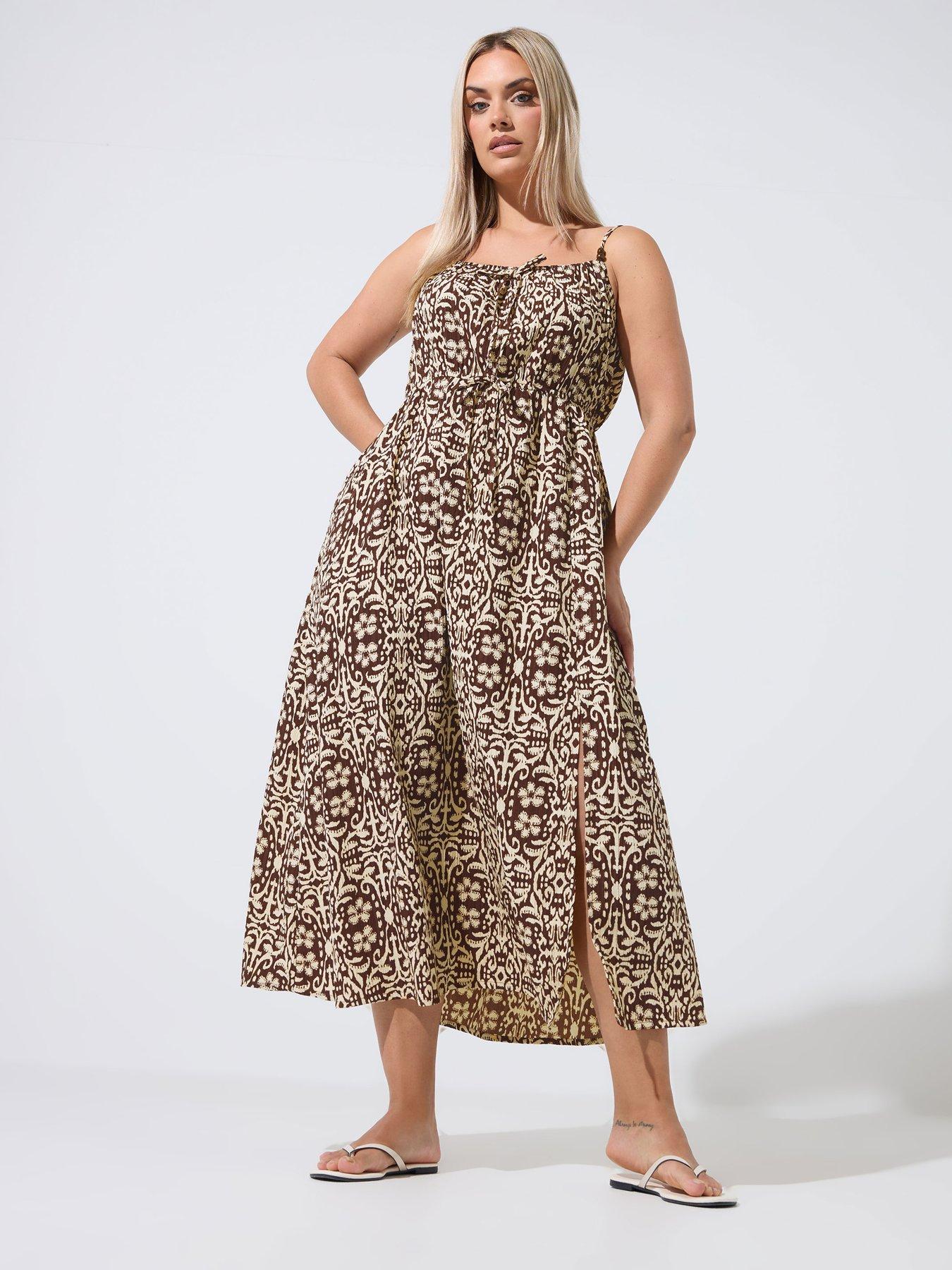 Image 1 of 4 of Yours Curve Abstract Animal Print Tie Strap Dress - Brown