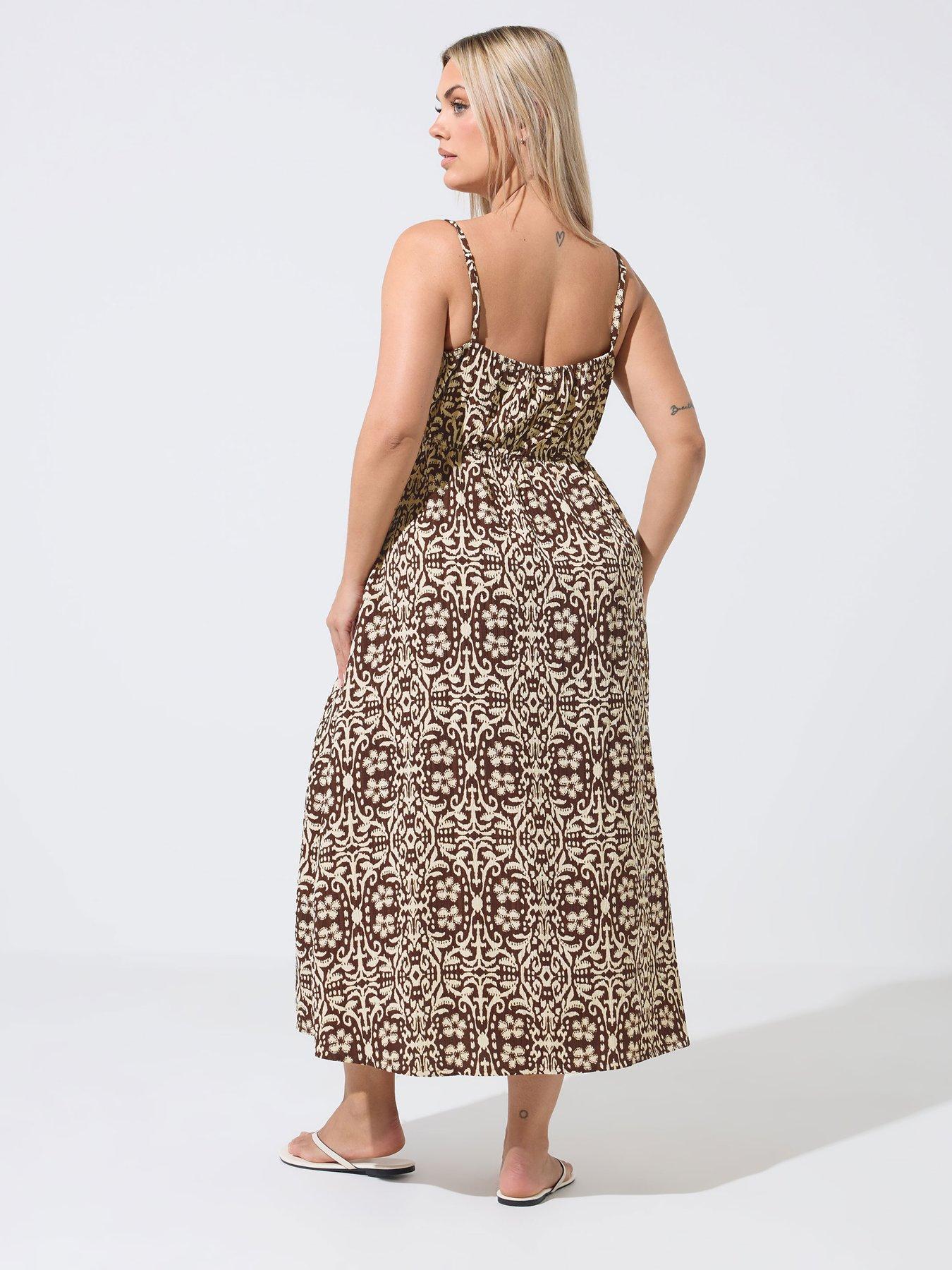 Image 2 of 4 of Yours Curve Abstract Animal Print Tie Strap Dress - Brown