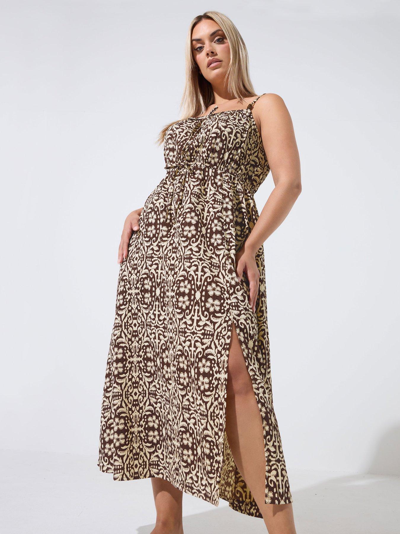 Image 3 of 4 of Yours Curve Abstract Animal Print Tie Strap Dress - Brown