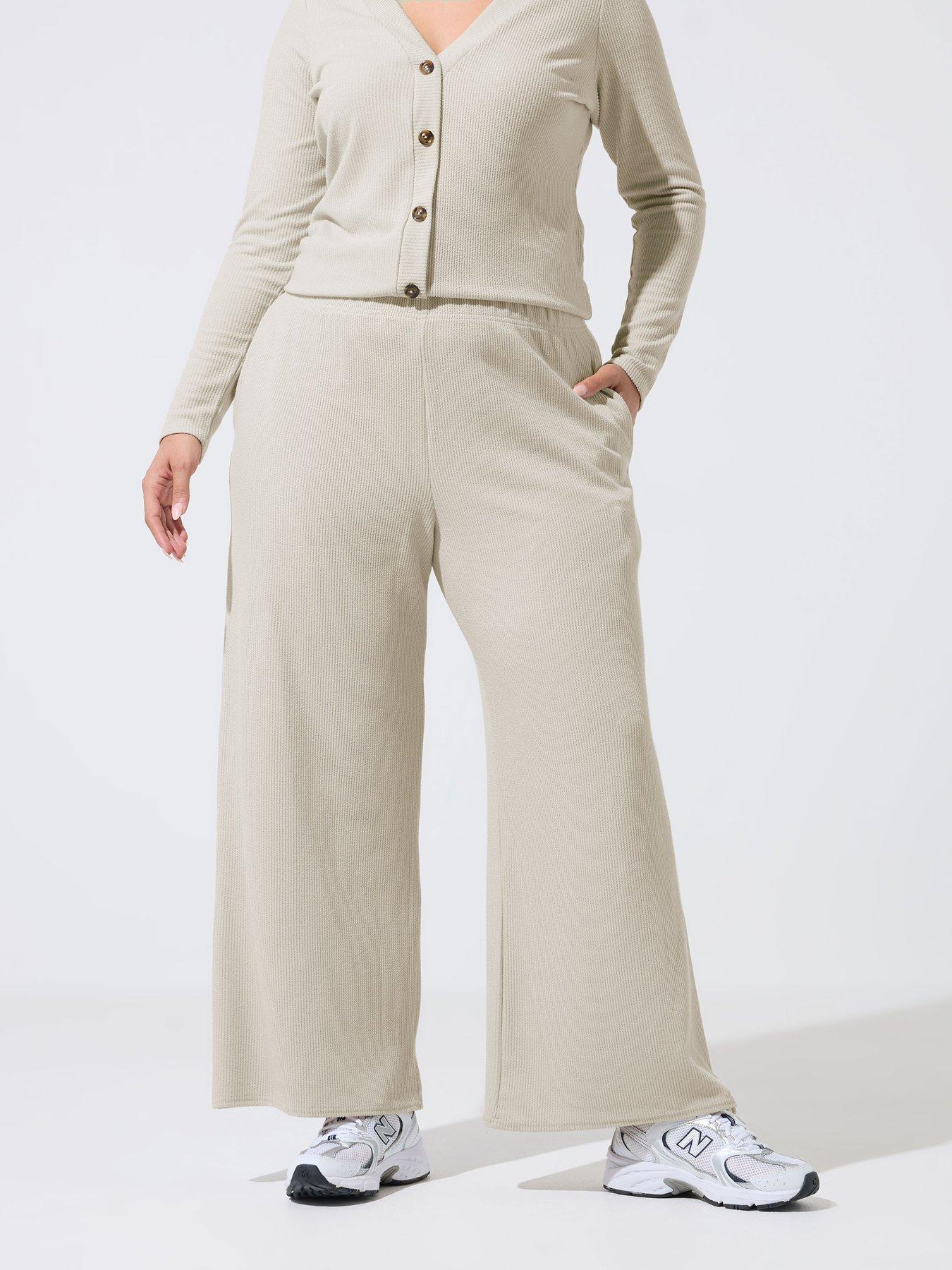 Yours Curve Crinkle Rib Wide Leg Trousers - Cream