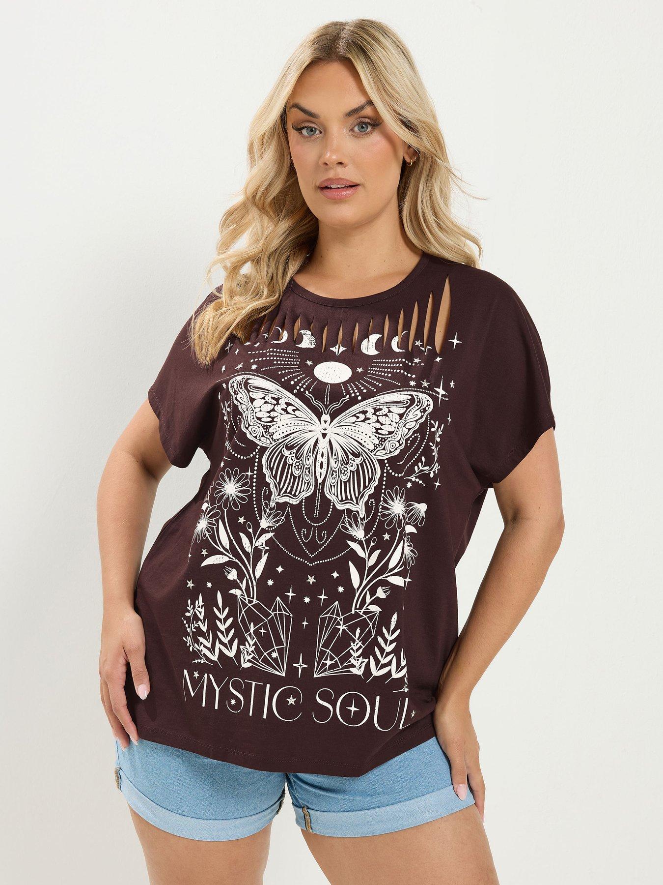 Yours Curve Placement Print Laser Cut T-Shirt - Brown