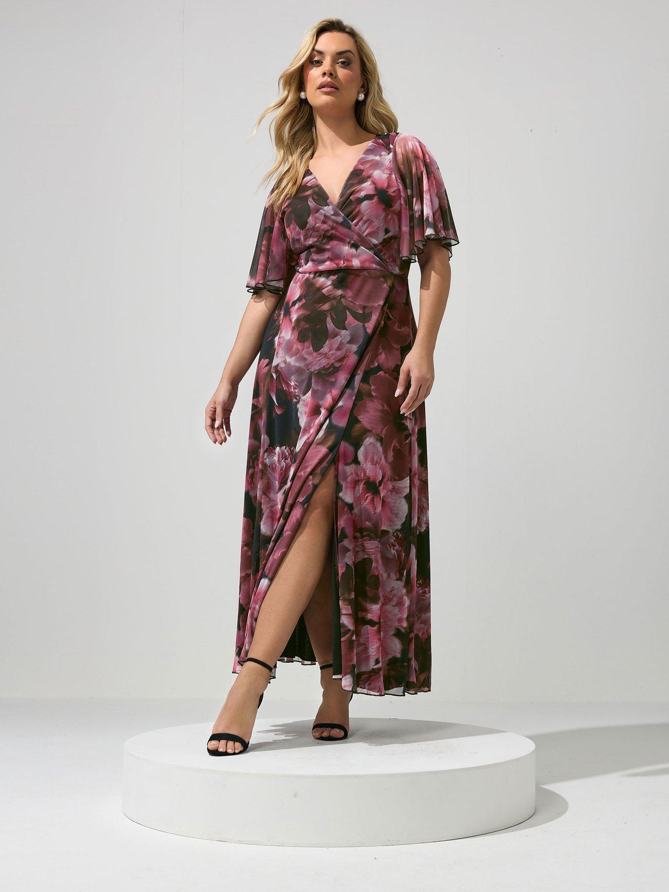 Yours Curve Burgundy Floral Abstract Mesh Dress - Red
