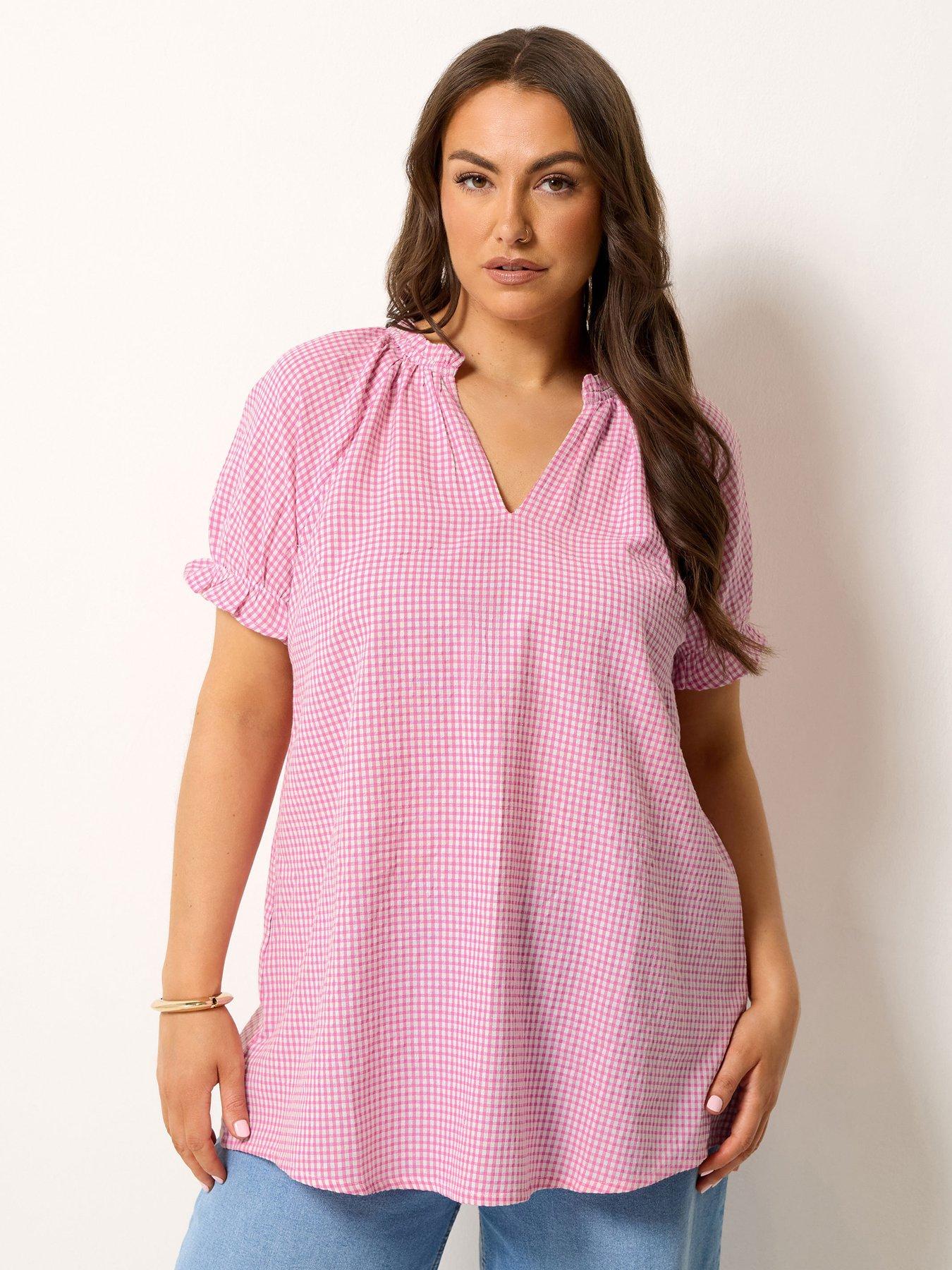 Yours Curve Gingham Notch Neck Blouse - Pink
