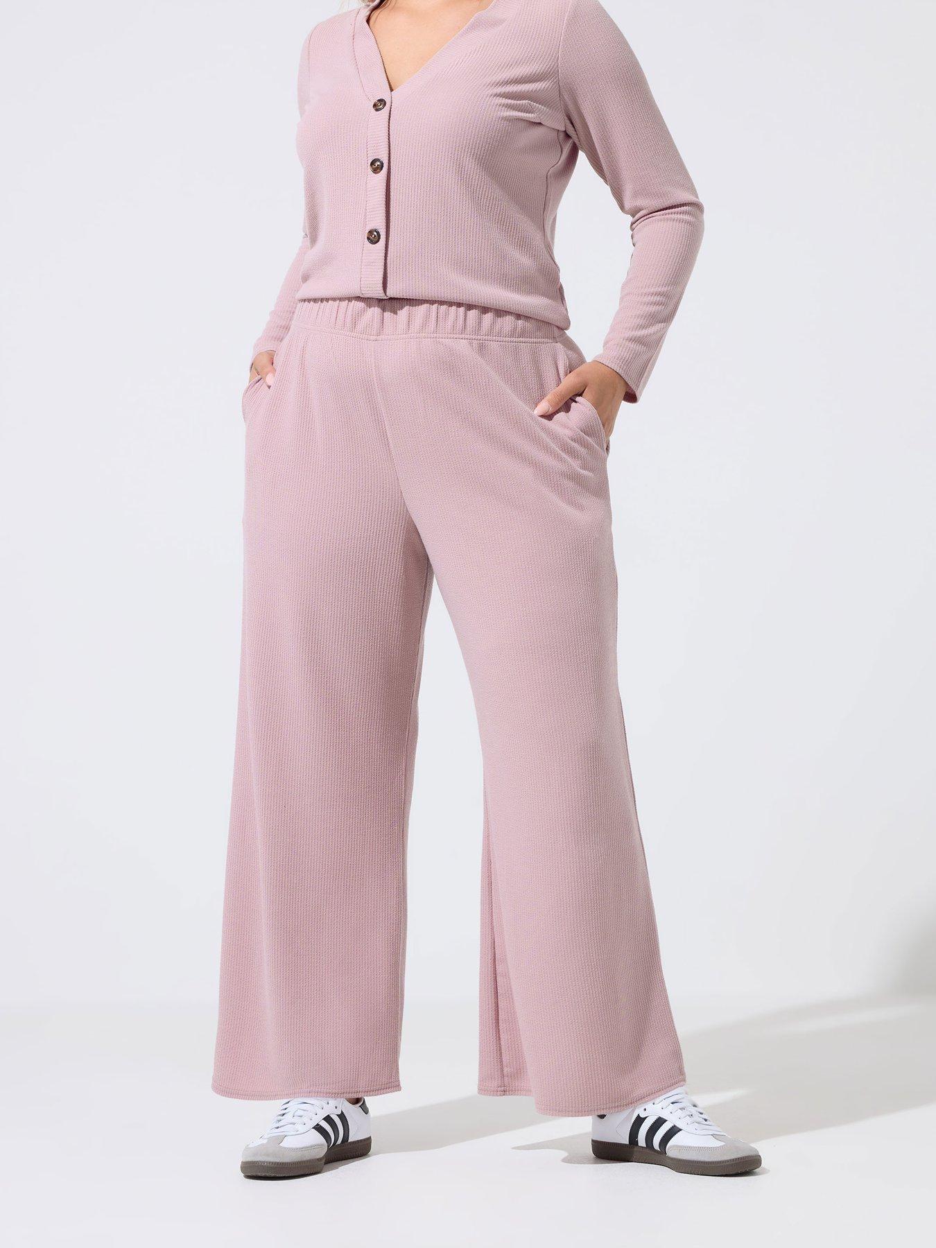 Yours Curve Crinkle Rib Wide Leg Trousers - Pink