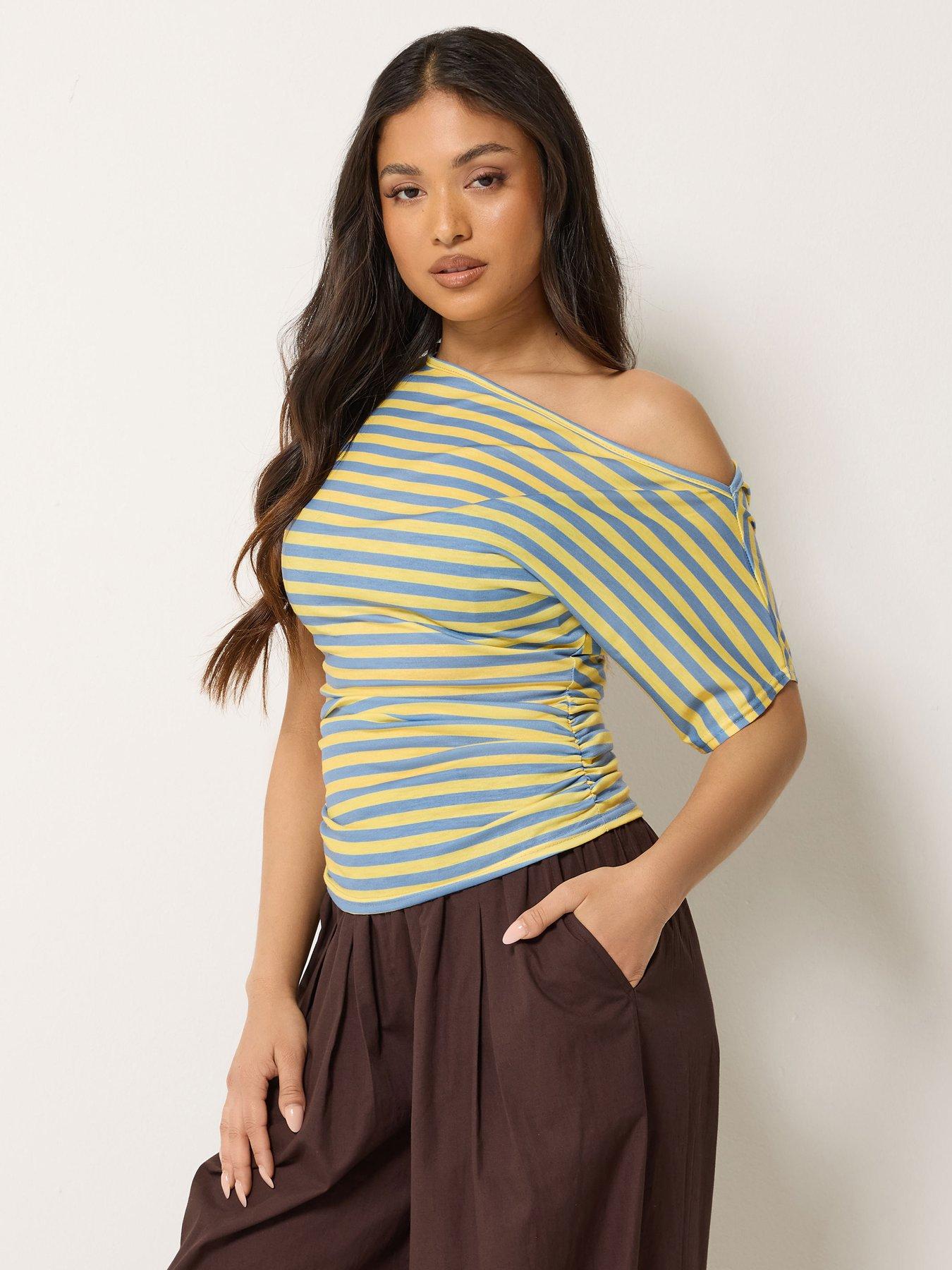 PixieGirl Petite Stripe Slash Neck T Shirt - Blue