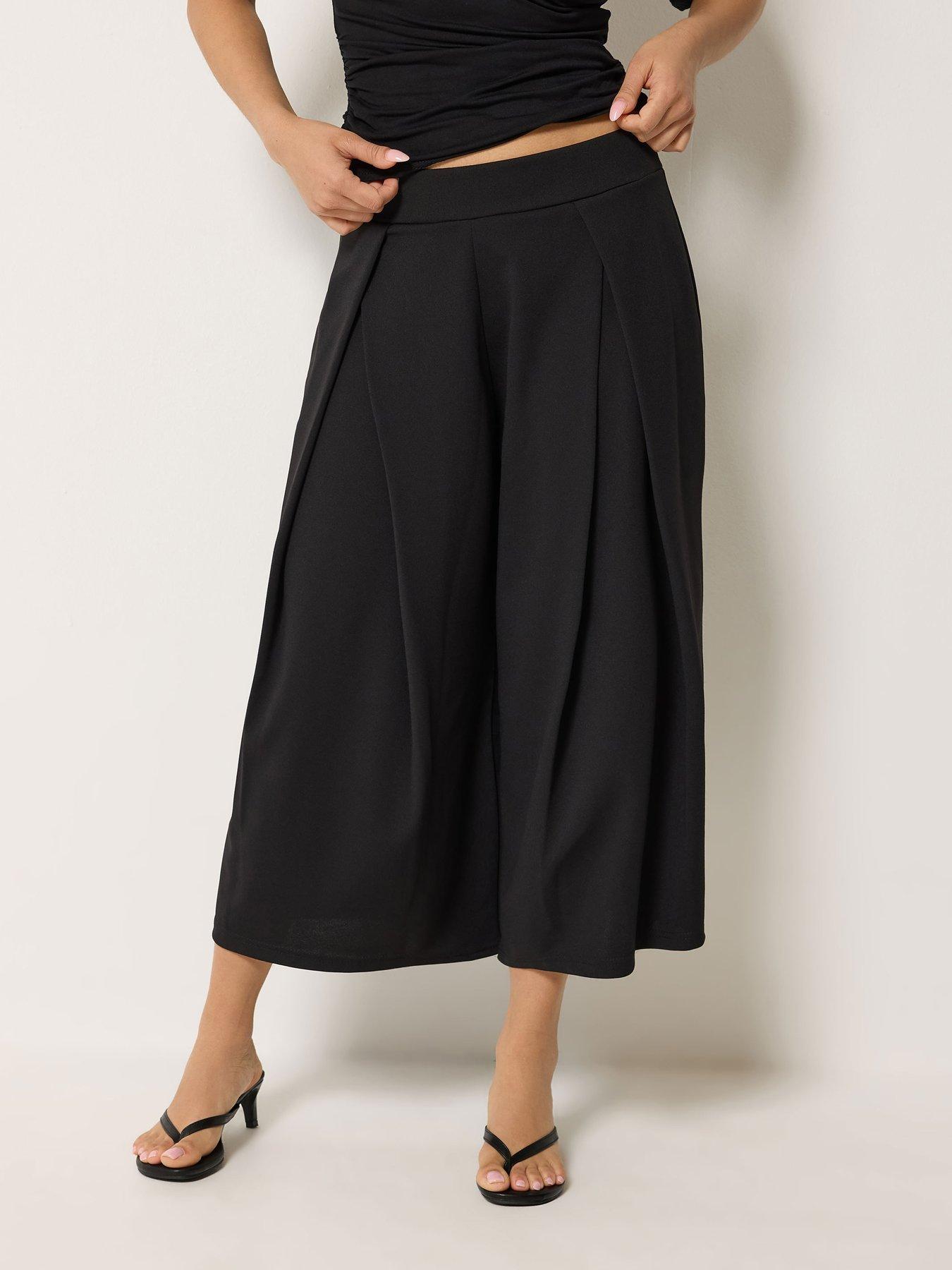 PixieGirl Petite Pleat Wrap Wide Leg Crop Trouser - Black