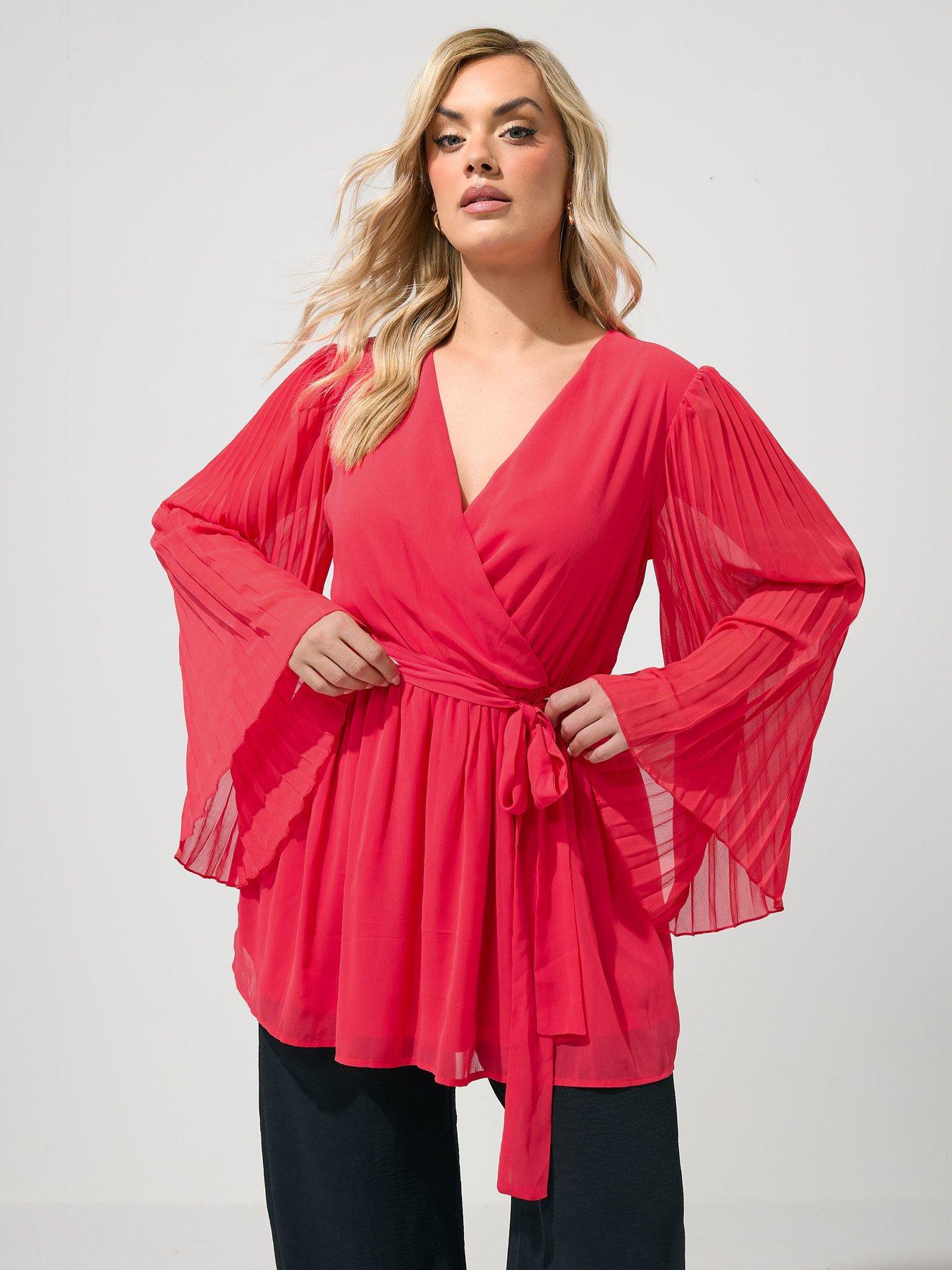 Yours Curve Pleat Sleeve Wrap Top - Red