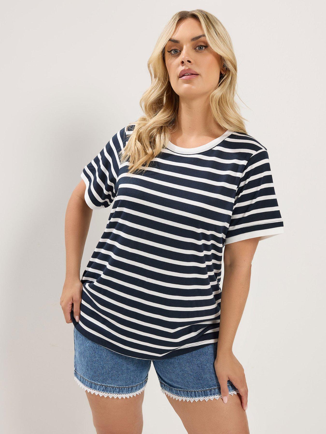 Yours Curve Stripe Contrast Ringer T-Shirt - Blue