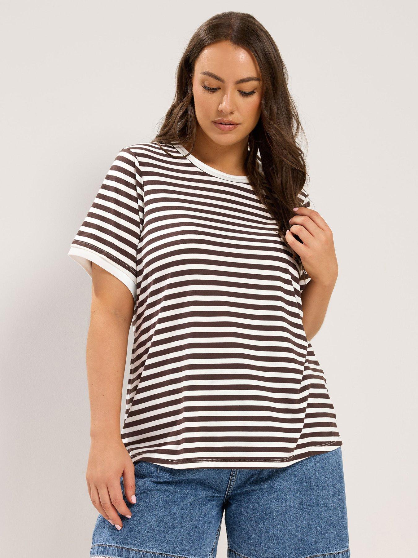 Image 1 of 3 of Yours Curve Stripe Ringer T-Shirt - Chocolate Brown