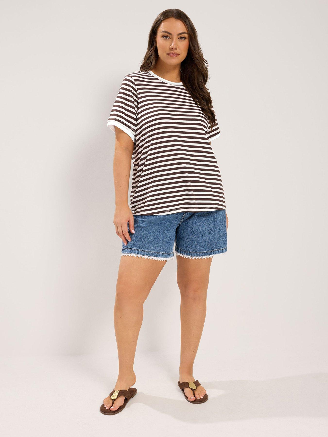 Image 3 of 3 of Yours Curve Stripe Ringer T-Shirt - Chocolate Brown