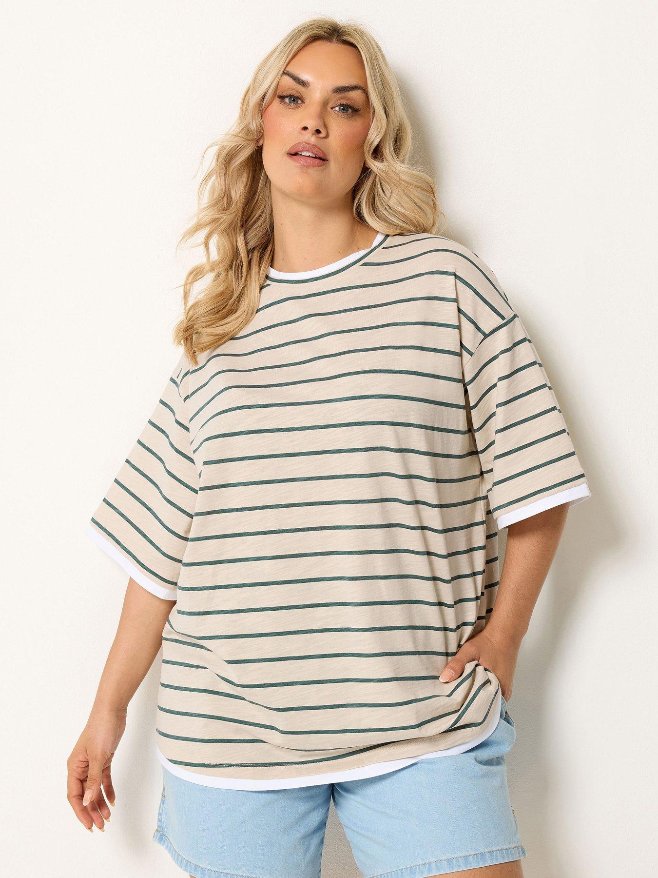 Yours Curve Stripe Longline Slub Ringer T-Shirt - Cream