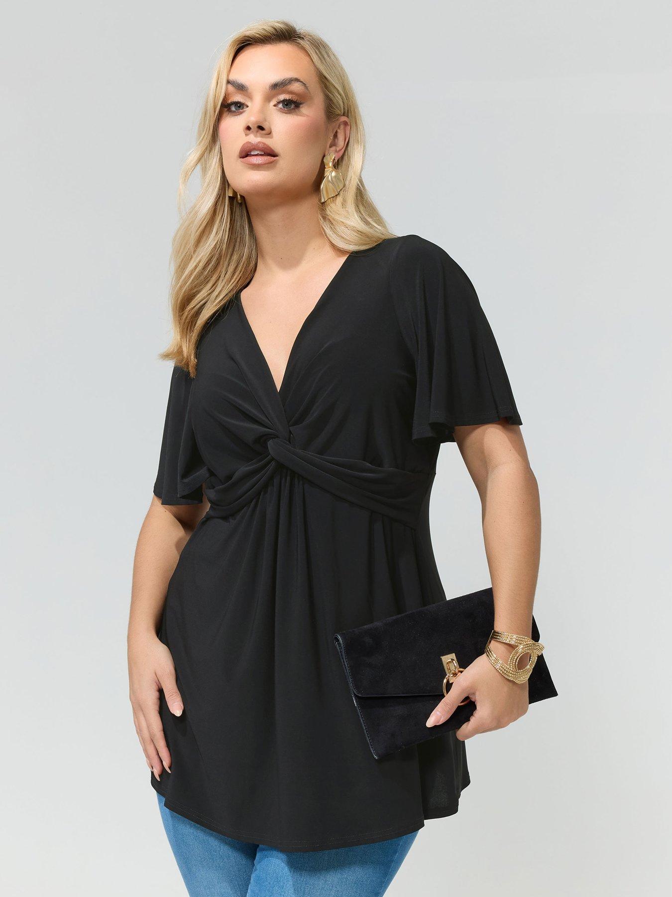 Yours Curve Angel Sleeve Knot Front Top - Black