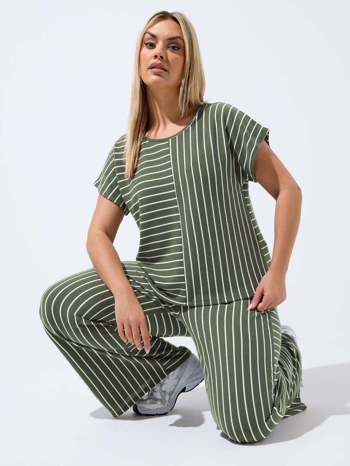 Yours Curve 2 Way Stripe T-Shirt - Green